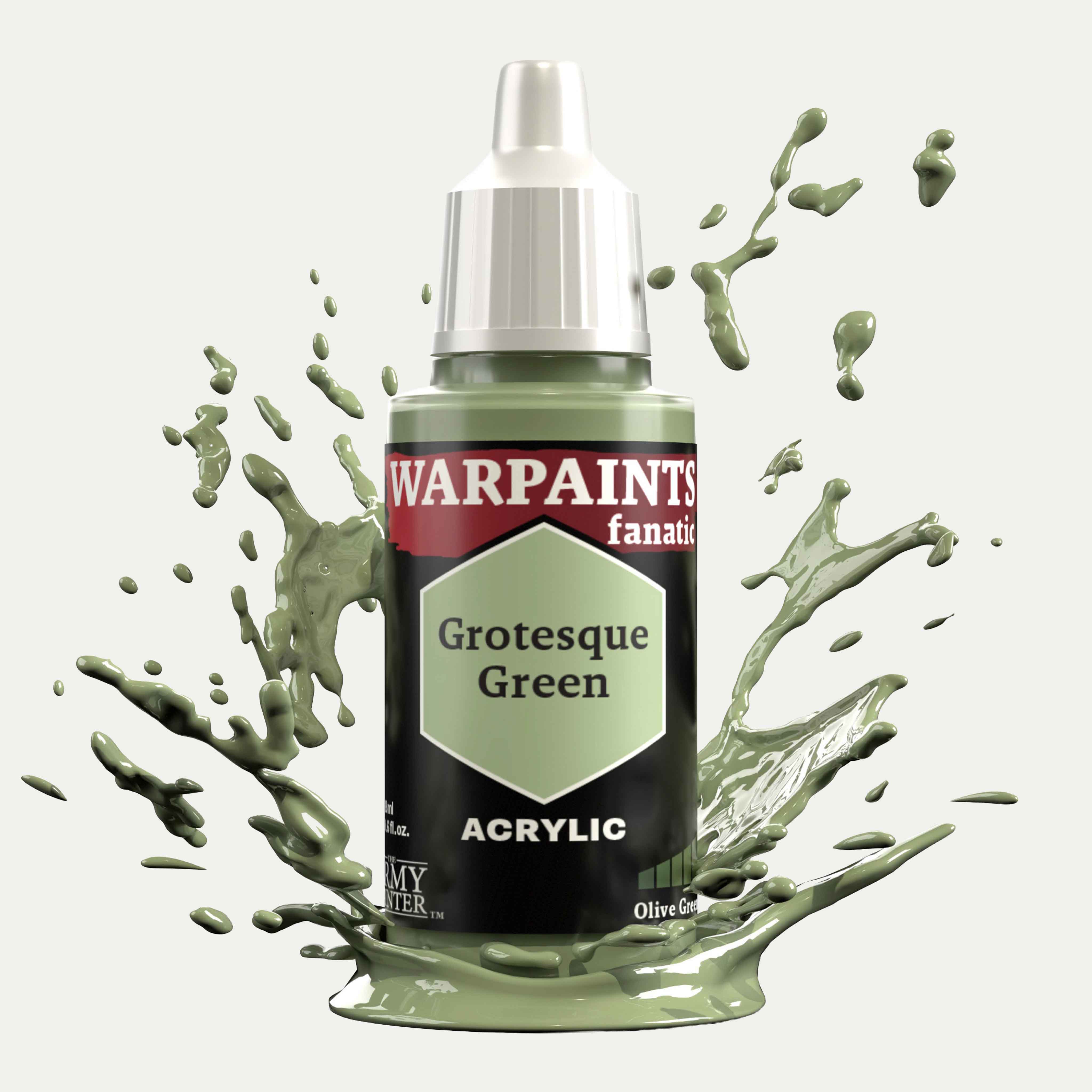 Bottle of the Army Painter Fanatics in the colour Grotesque Green on a white background. There are splatters of paint emerging from the bottom of the paint bottle. 