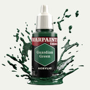 Bottle of the Army Painter Fanatics in the colour Guardian Green on a white background. There are splatters of paint emerging from the bottom of the paint bottle. 