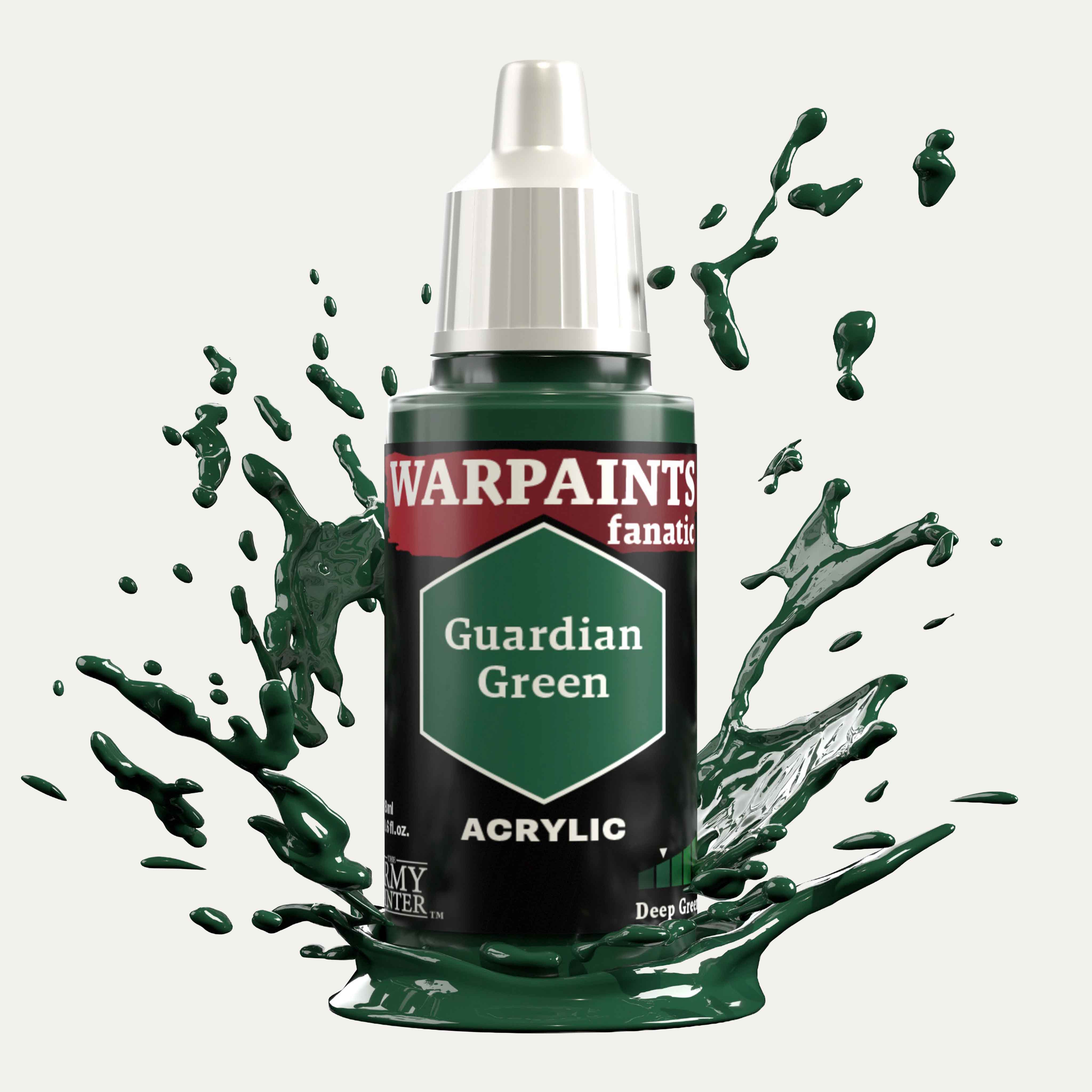 Bottle of the Army Painter Fanatics in the colour Guardian Green on a white background. There are splatters of paint emerging from the bottom of the paint bottle. 