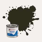 Humbrol Enamel paint tin, with a splatter of Gun Metal Metallic colour behind it, on a white background.