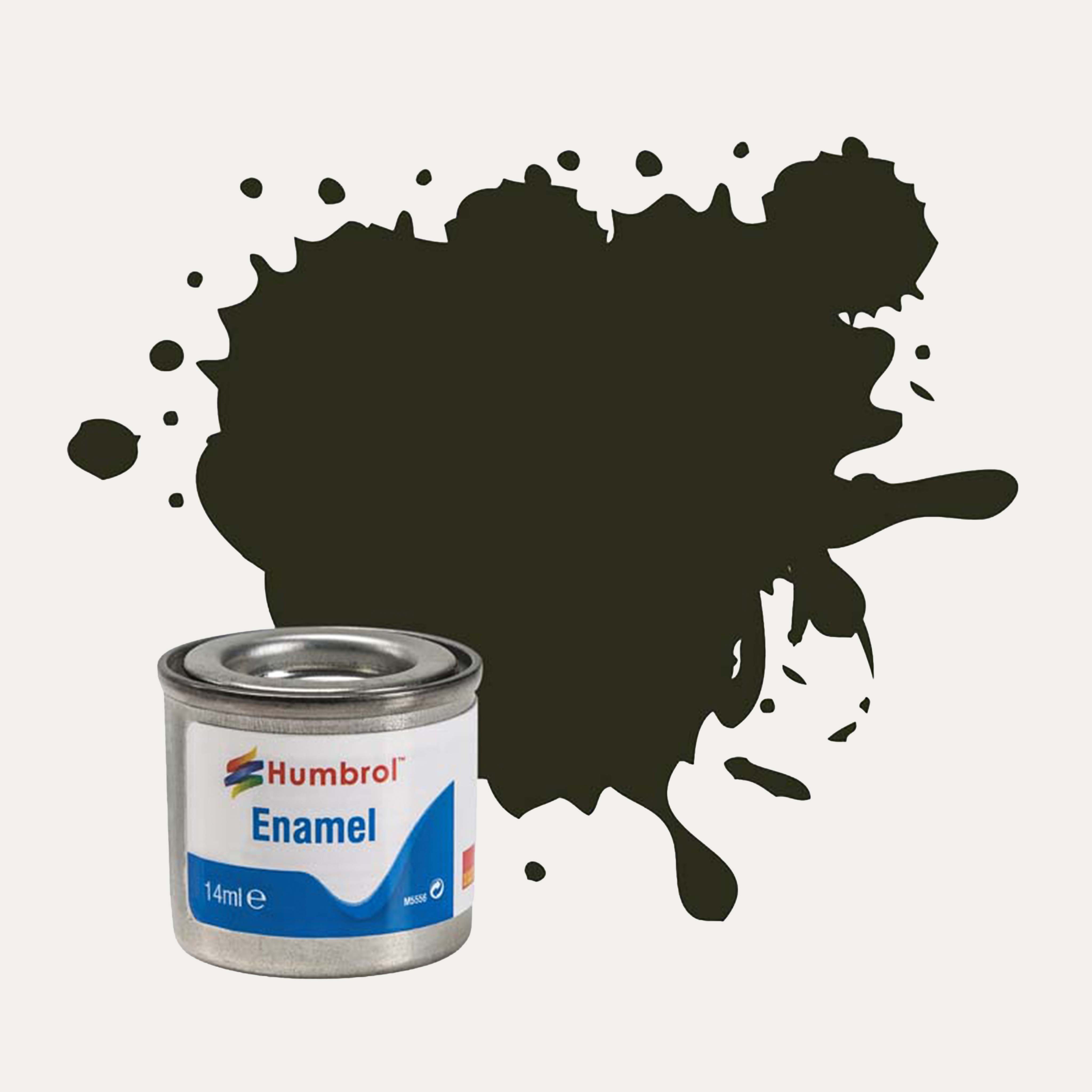 Humbrol Enamel paint tin, with a splatter of Gun Metal Metallic colour behind it, on a white background.