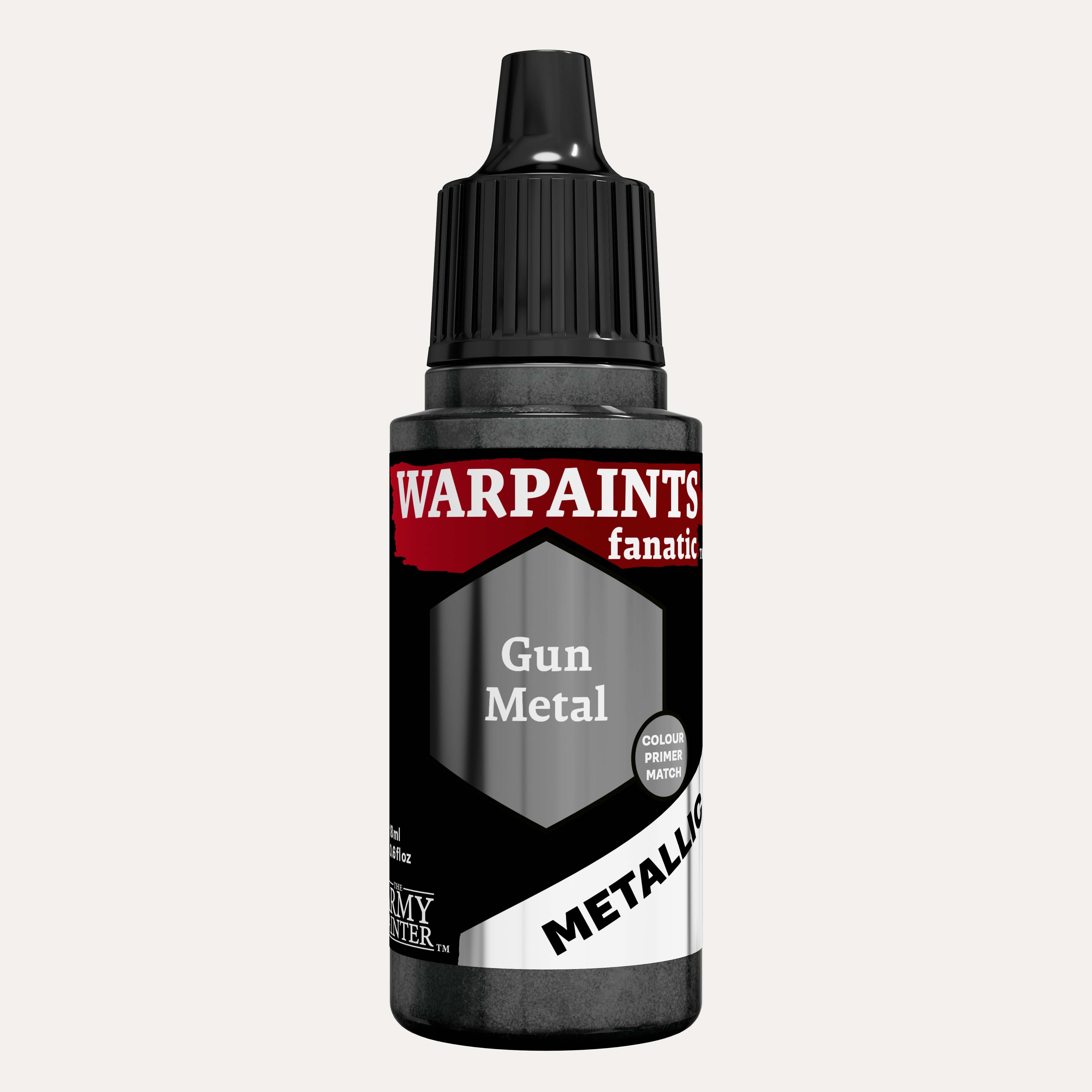 Bottle of the Army Painter Fanatics Metallic paint in the colour Gun Metal on a white background.