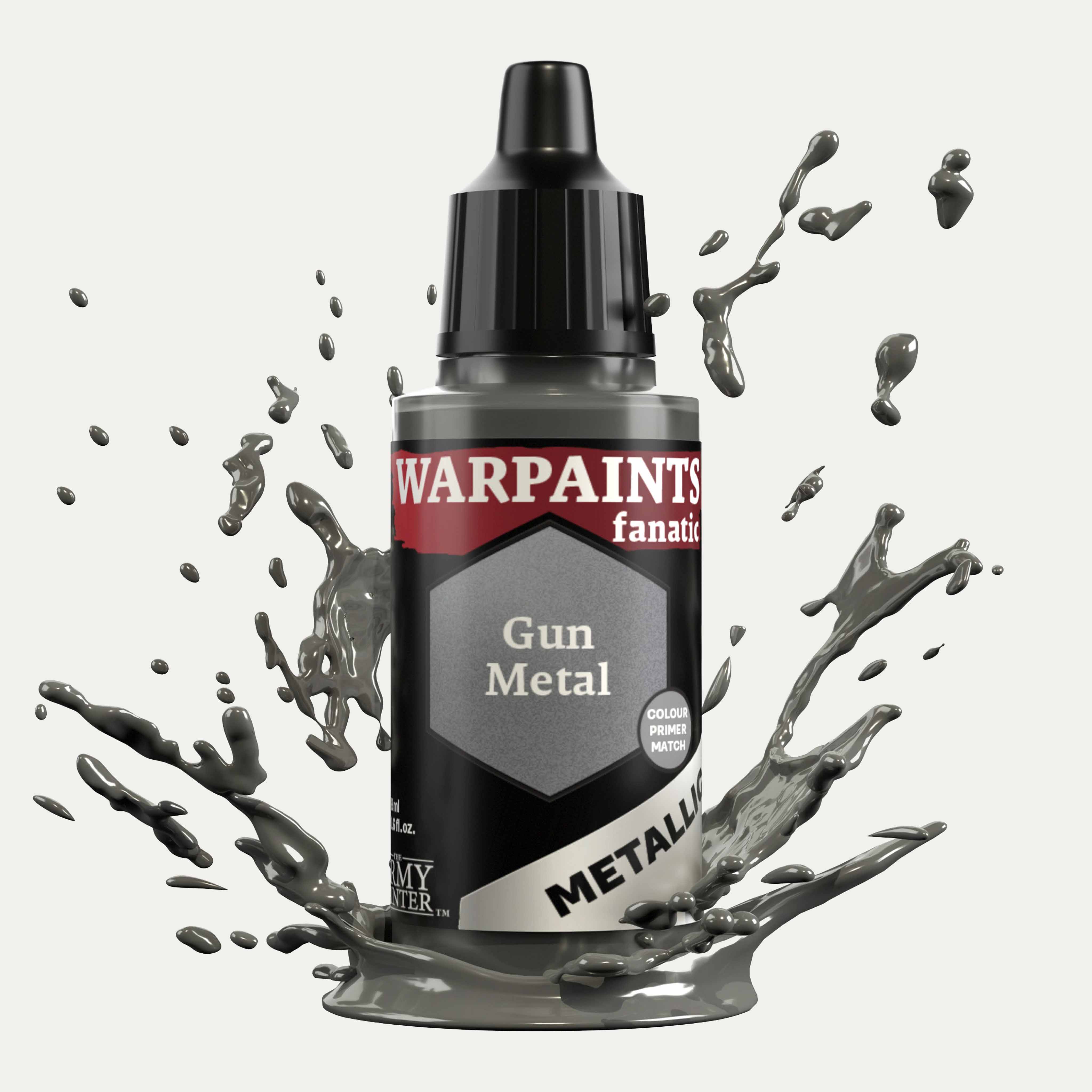 Bottle of the Army Painter Fanatics Metallic paint in the colour Gun Metal on a white background. There are splatters of paint emerging from the bottom of the paint bottle. 