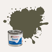 Humbrol Enamel paint tin, with a splatter of Gunmetal Metalcote colour behind it, on a white background.