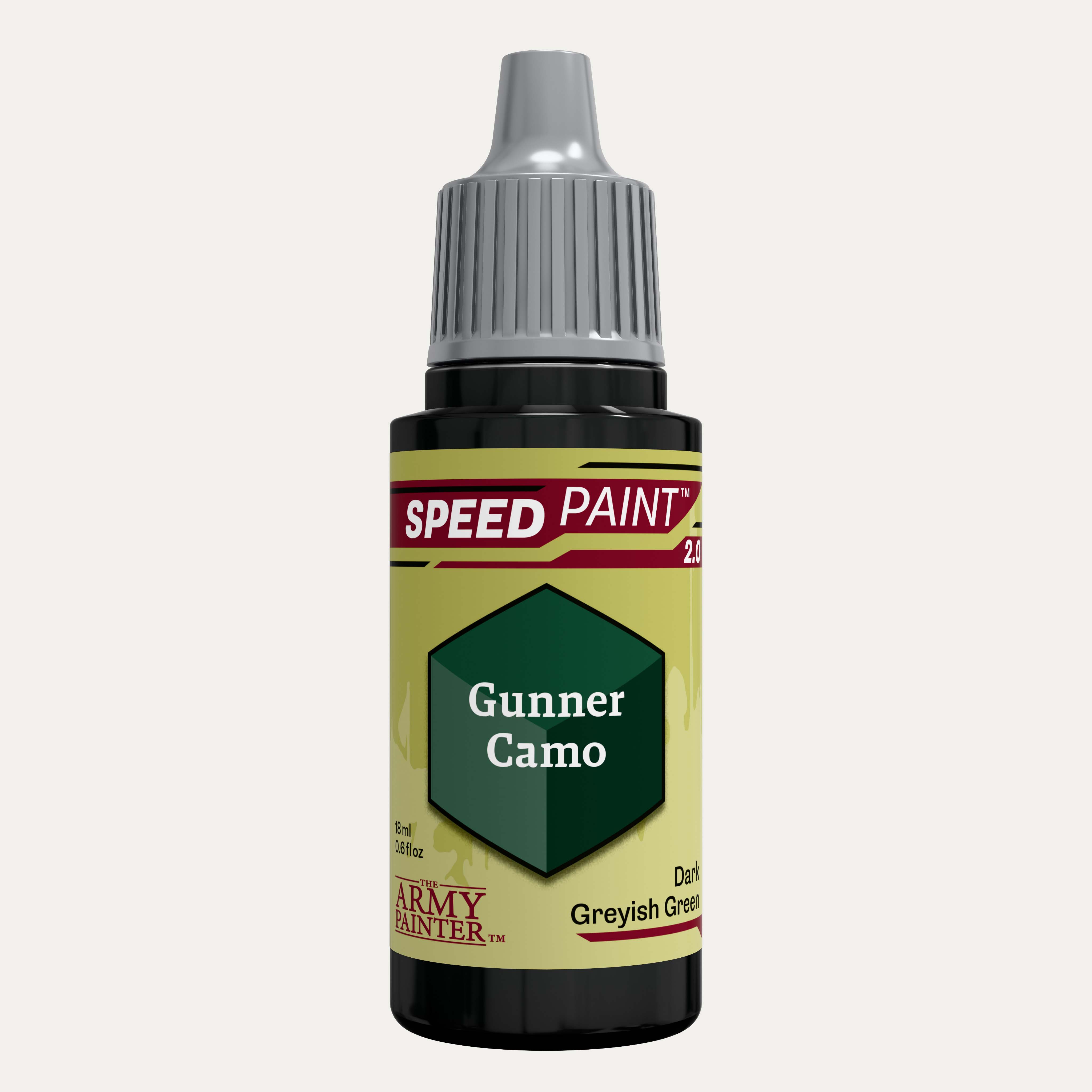 Bottle of the Army Painter Speedpaint in the colour Gunner Camo on a white background. 