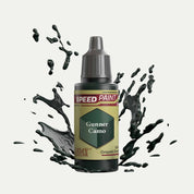 Bottle of the Army Painter Speedpaint in the colour Gunner Camo on a white background. There are splatters of Gunner Camo paint emerging from the bottom of the paint bottle. 