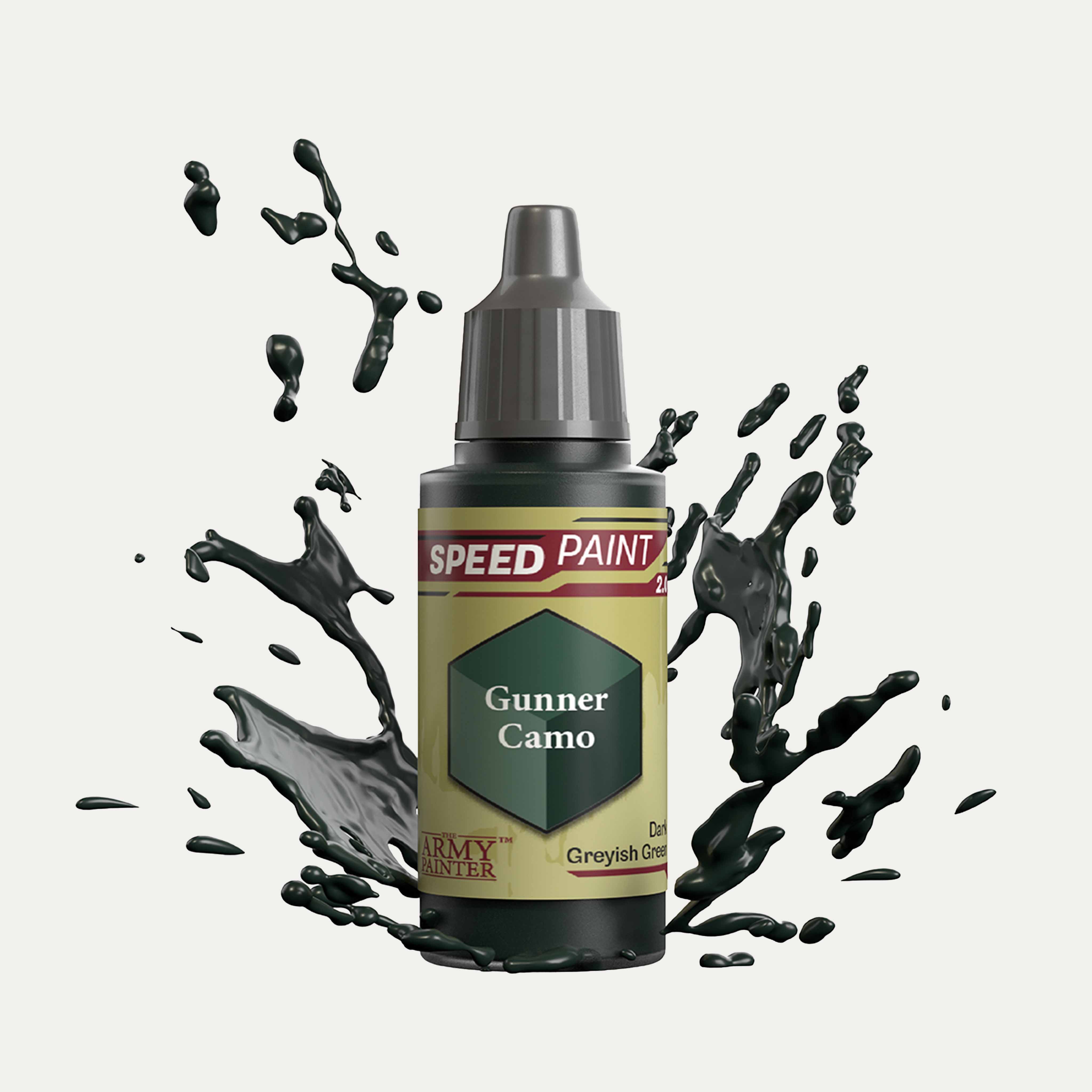 Bottle of the Army Painter Speedpaint in the colour Gunner Camo on a white background. There are splatters of Gunner Camo paint emerging from the bottom of the paint bottle. 