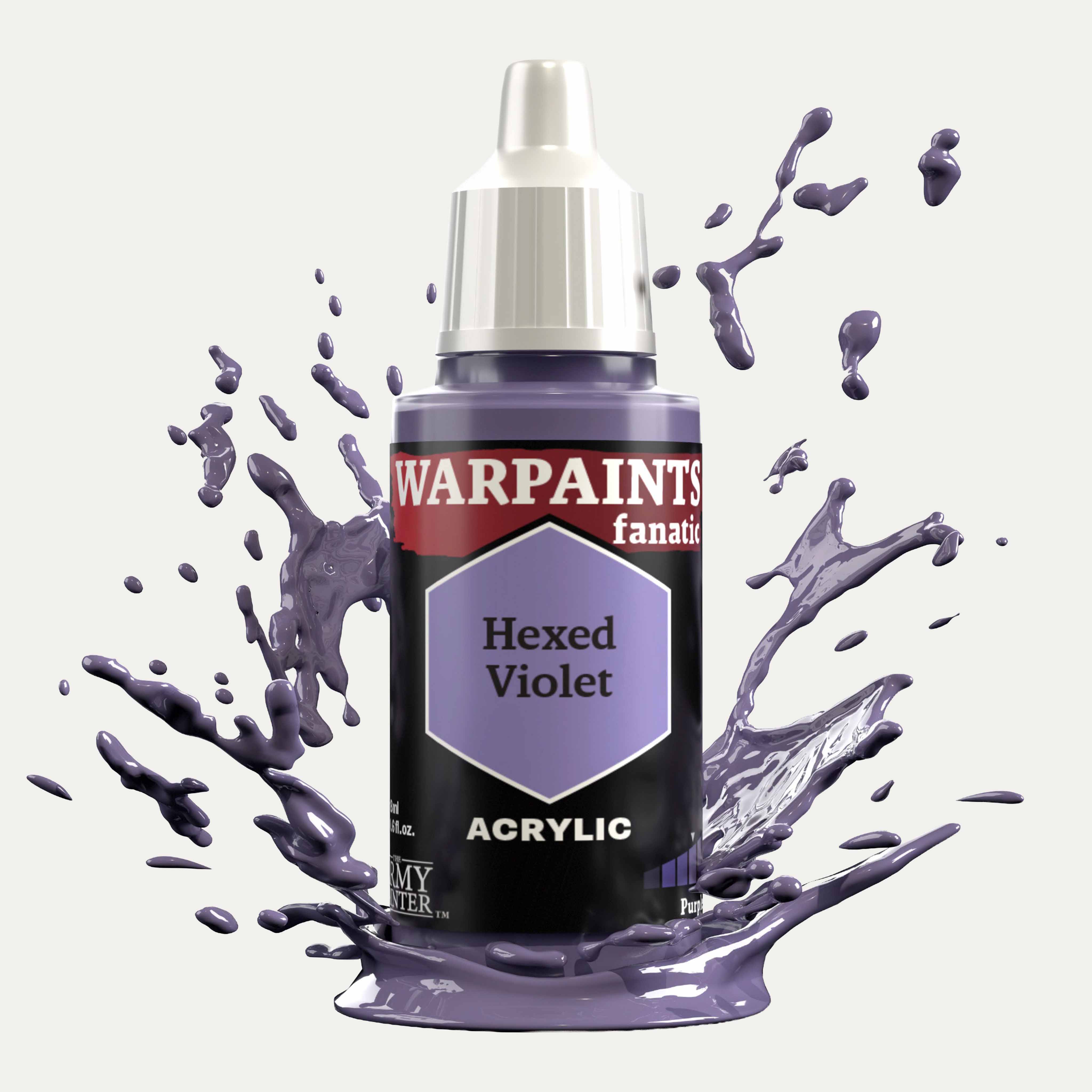 Bottle of the Army Painter Fanatics in the colour Hexed Violet on a white background. There are splatters of paint emerging from the bottom of the paint bottle. 