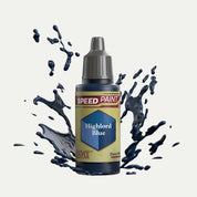 Bottle of the Army Painter Speedpaint in the colour Highlord Blue on a white background. There are splatters of Highlord Blue paint emerging from the bottom of the paint bottle. 