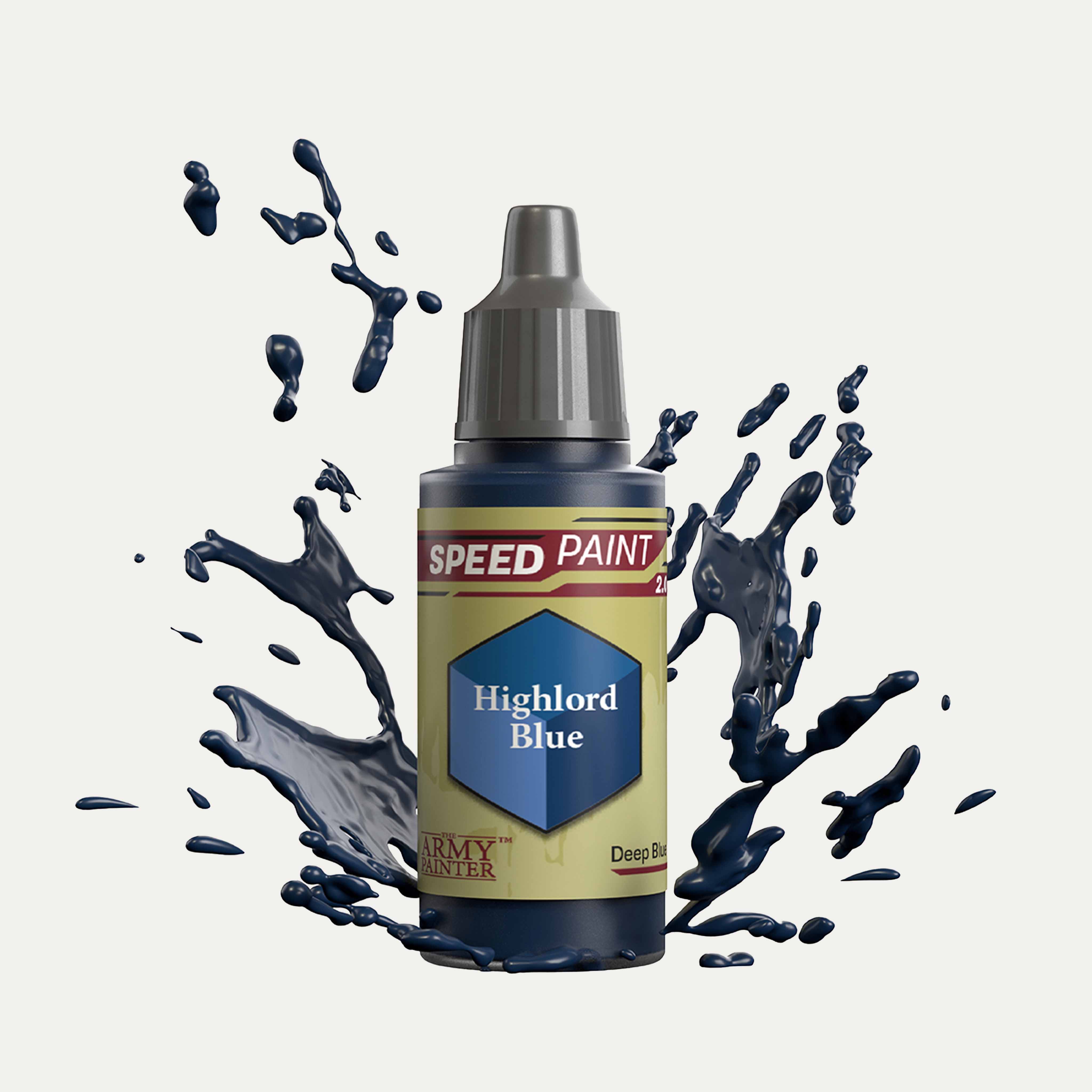 Bottle of the Army Painter Speedpaint in the colour Highlord Blue on a white background. There are splatters of Highlord Blue paint emerging from the bottom of the paint bottle. 