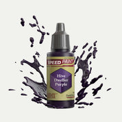 Bottle of the Army Painter Speedpaint in the colour Hive Dweller Purple on a white background. There are splatters of Hive Dweller Purple paint emerging from the bottom of the paint bottle. 