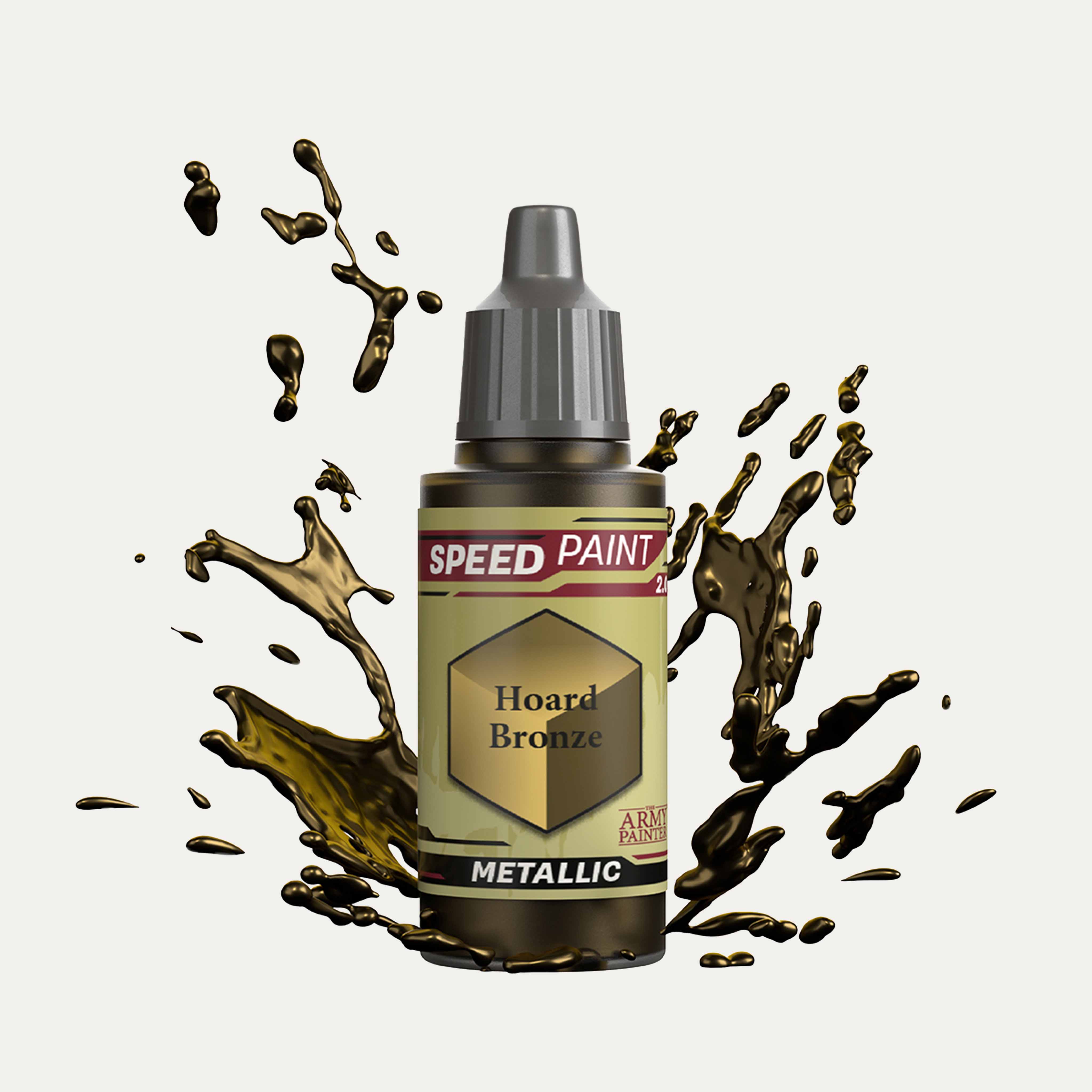 Bottle of the Army Painters metallic Speedpaint in the colour Hoard Bronze on a white background. There are splatters of Hoard Bronze paint emerging from the bottom of the paint bottle. 