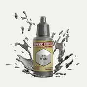 Bottle of the Army Painter Speedpaint in the colour Holy White on a white background. There are splatters of Holy White paint emerging from the bottom of the paint bottle.