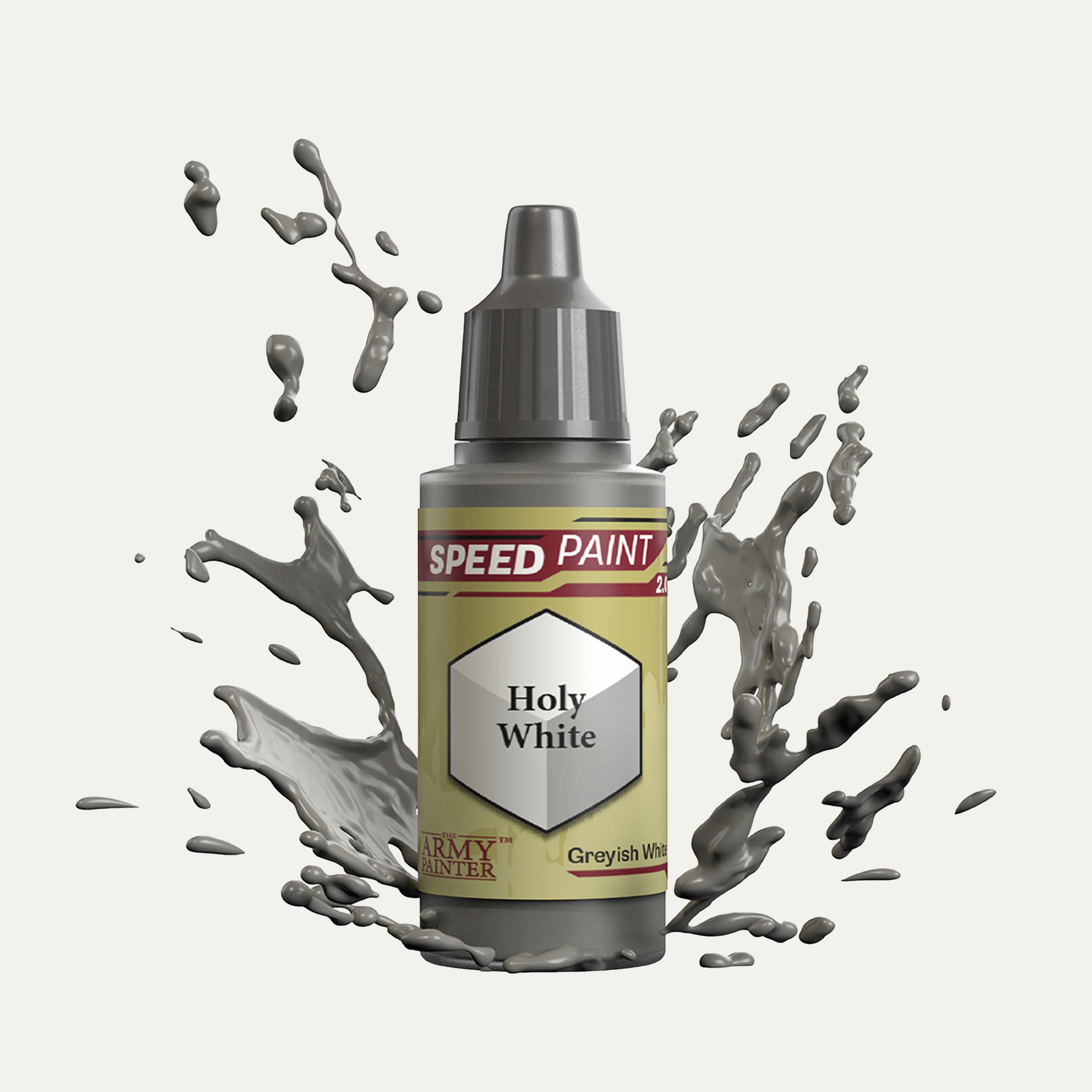 Bottle of the Army Painter Speedpaint in the colour Holy White on a white background. There are splatters of Holy White paint emerging from the bottom of the paint bottle.