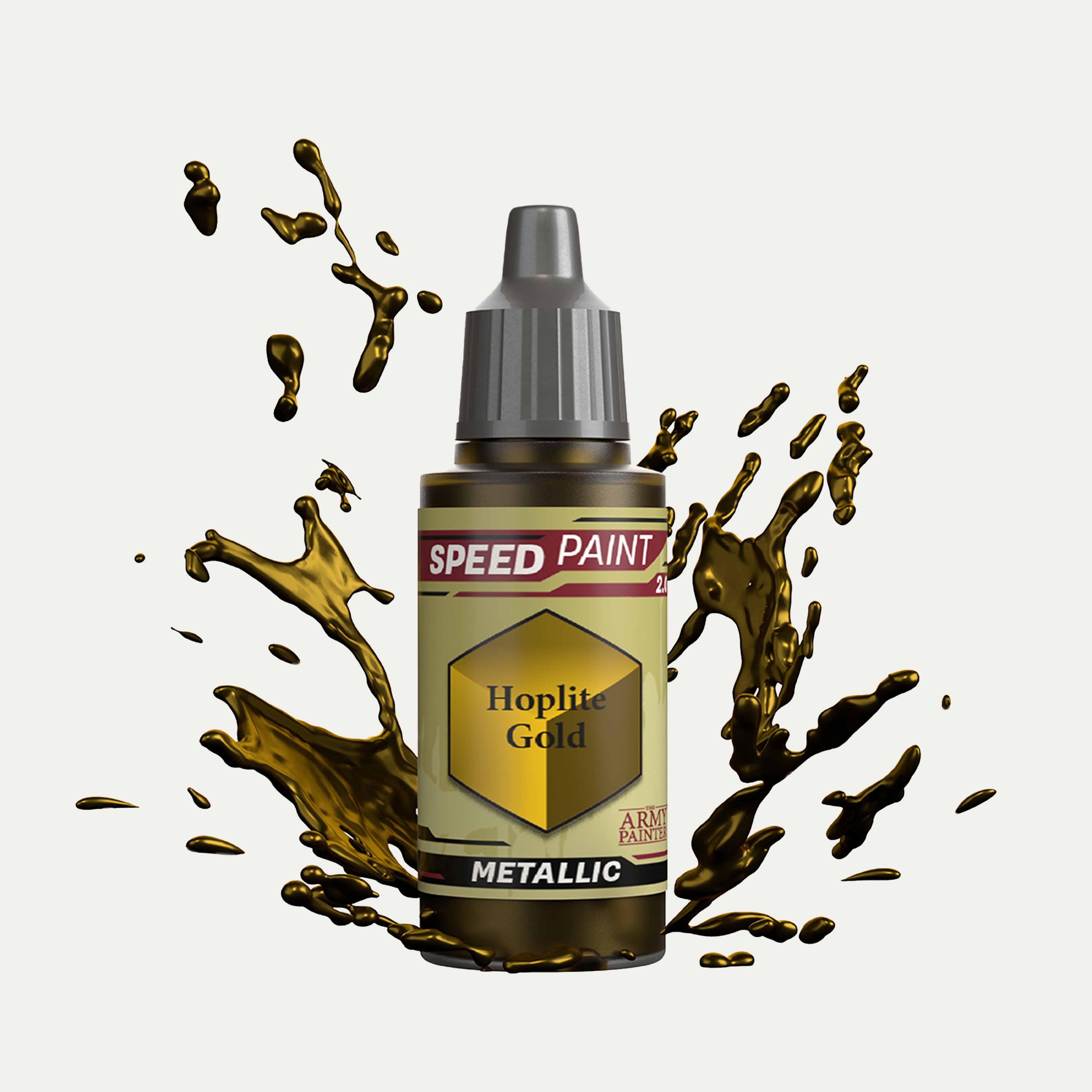 Bottle of the Army Painter Metallic Speedpaint in the colour Hoplite Gold on a white background. There are splatters of Hoplite Gold paint emerging from the bottom of the paint bottle. 