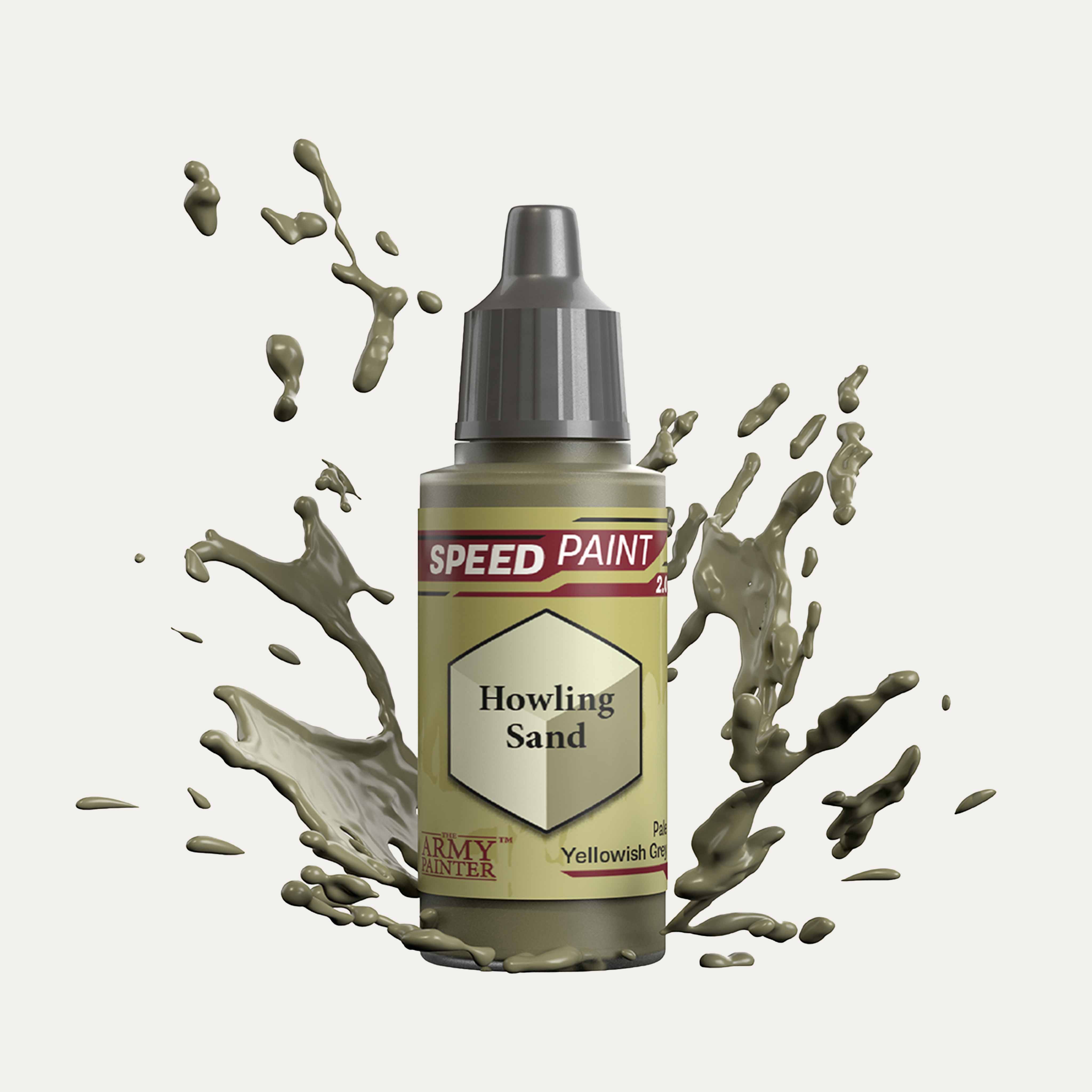 Bottle of the Army Painters Speedpaint in the colour Howling Sand on a white background. There are splatters of Howling Sand paint emerging from the bottom of the paint bottle. 