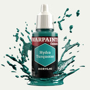Bottle of the Army Painter Fanatics in the colour Hydra Turquoise on a white background. There are splatters of paint emerging from the bottom of the paint bottle. 