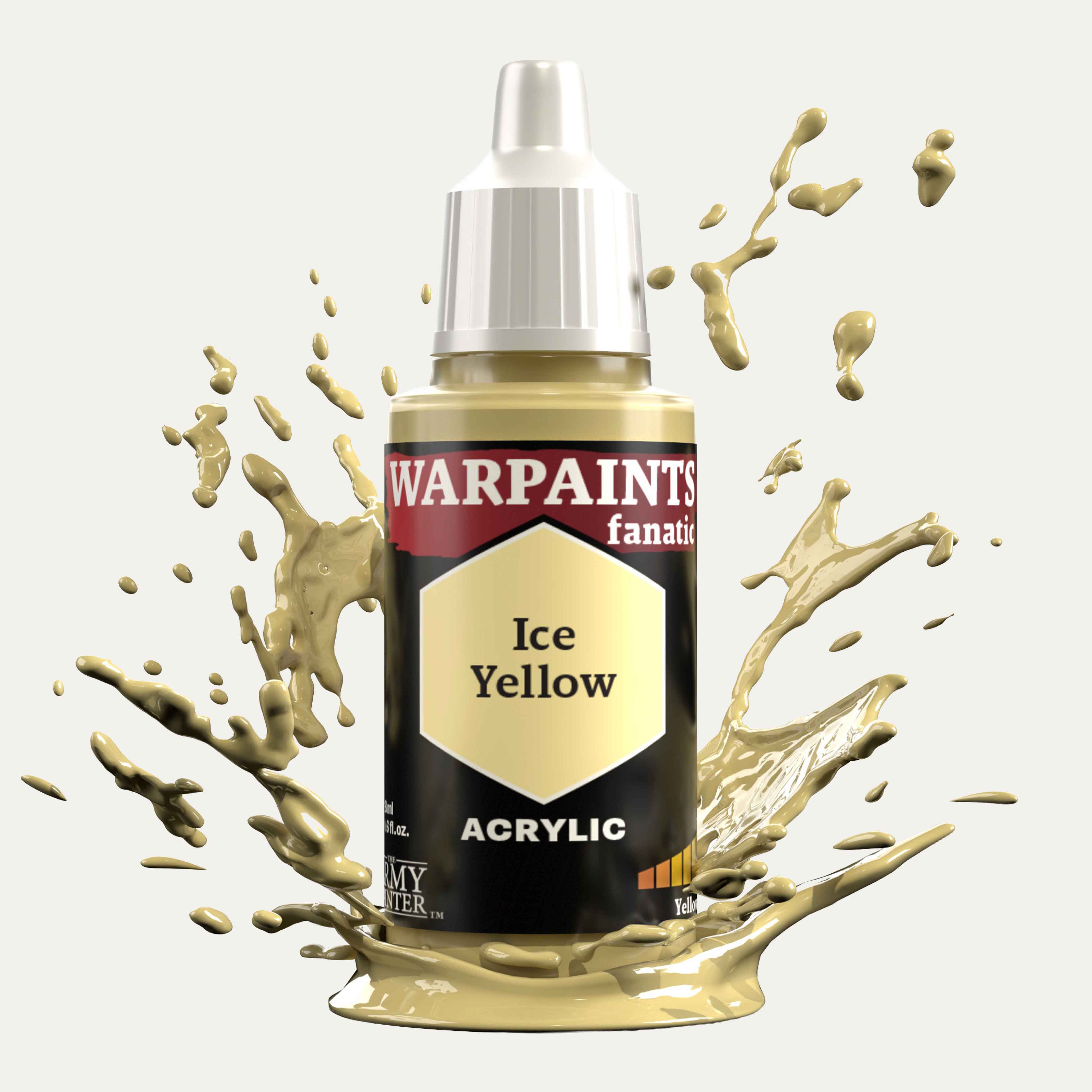 Bottle of the Army Painter Fanatics in the colour Ice Yellow on a white background. There are splatters of paint emerging from the bottom of the paint bottle. 