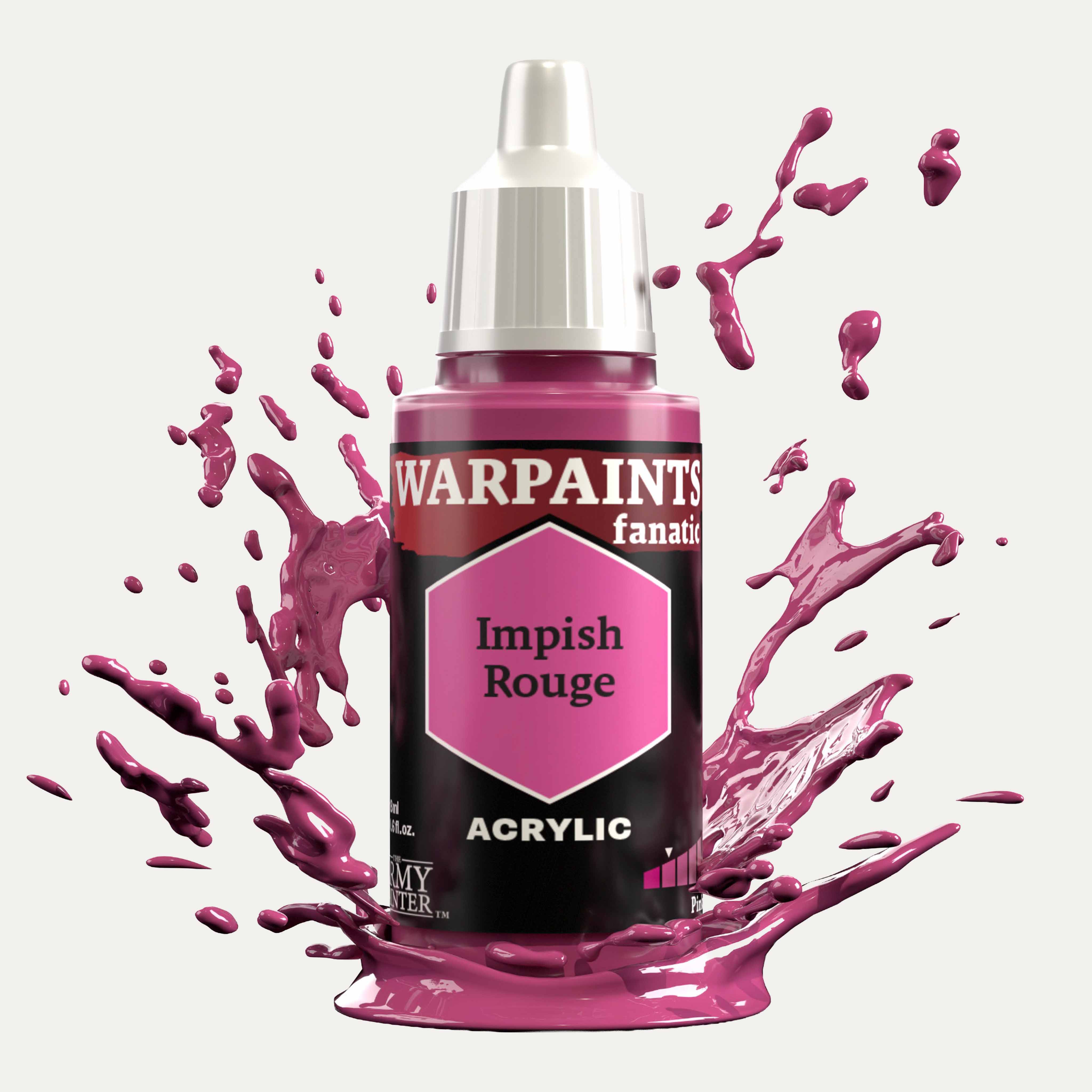 Bottle of the Army Painter Fanatics in the colour Impish Rouge on a white background. There are splatters of paint emerging from the bottom of the paint bottle. 