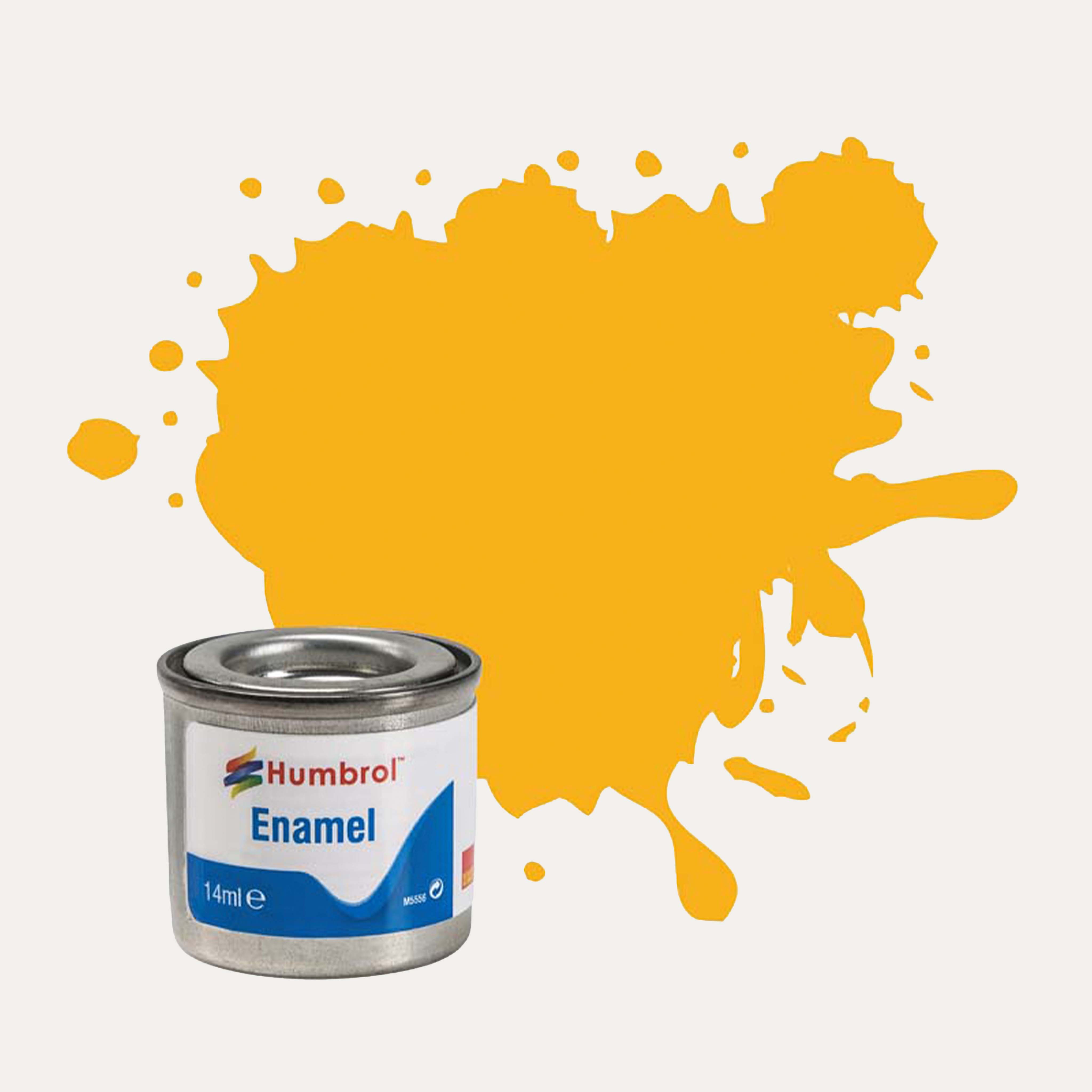 Humbrol Enamel paint tin, with a splatter of Insignia Yellow Matt colour behind it, on a white background.