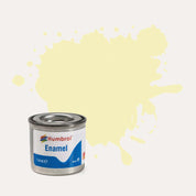 Humbrol Enamel paint tin, with a splatter of Ivory Gloss colour behind it, on a white background.