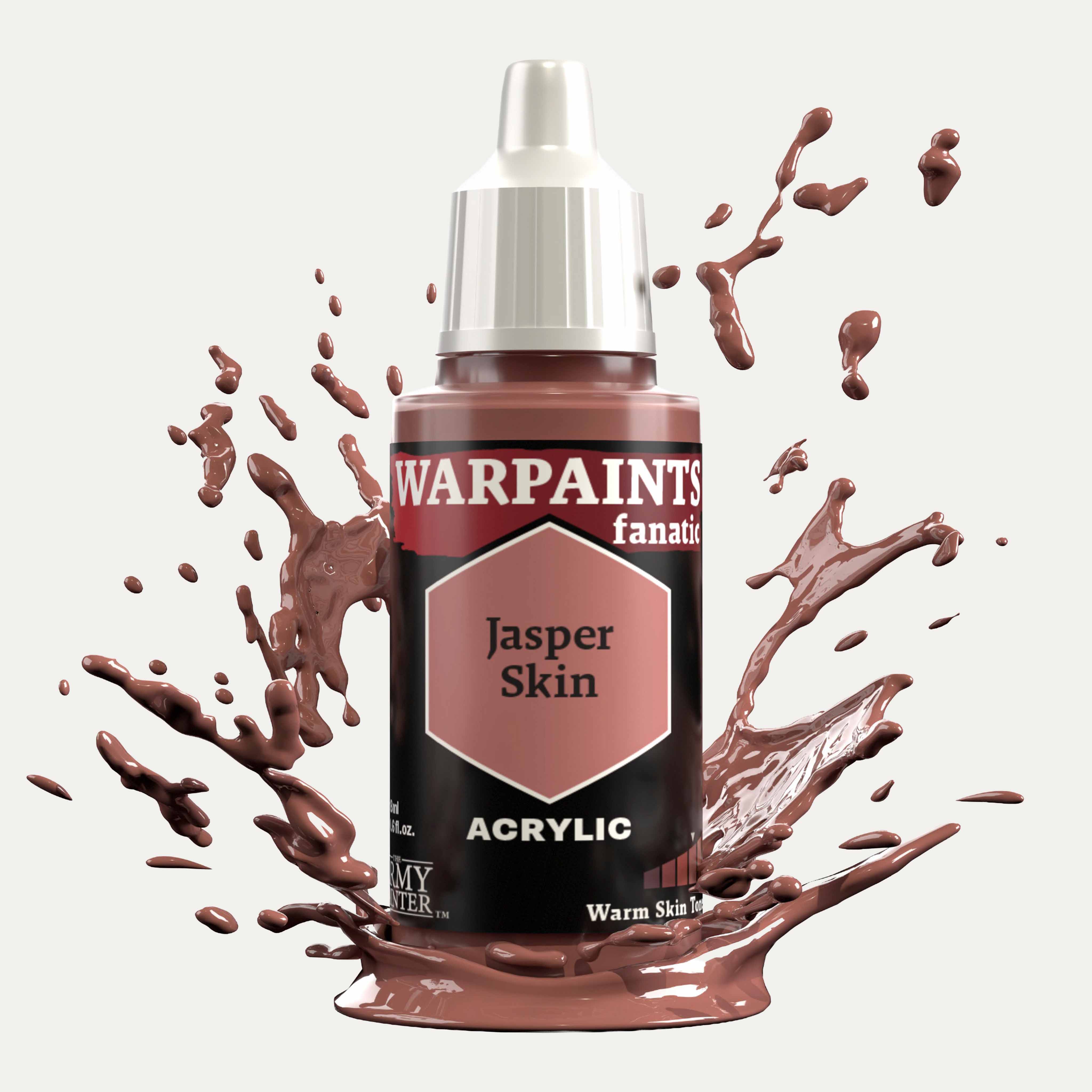Bottle of the Army Painter Fanatics in the colour Jasper Skin on a white background. There are splatters of paint emerging from the bottom of the paint bottle. 