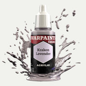 Bottle of the Army Painter Fanatics in the colour Kraken Lavender on a white background. There are splatters of paint emerging from the bottom of the paint bottle. 