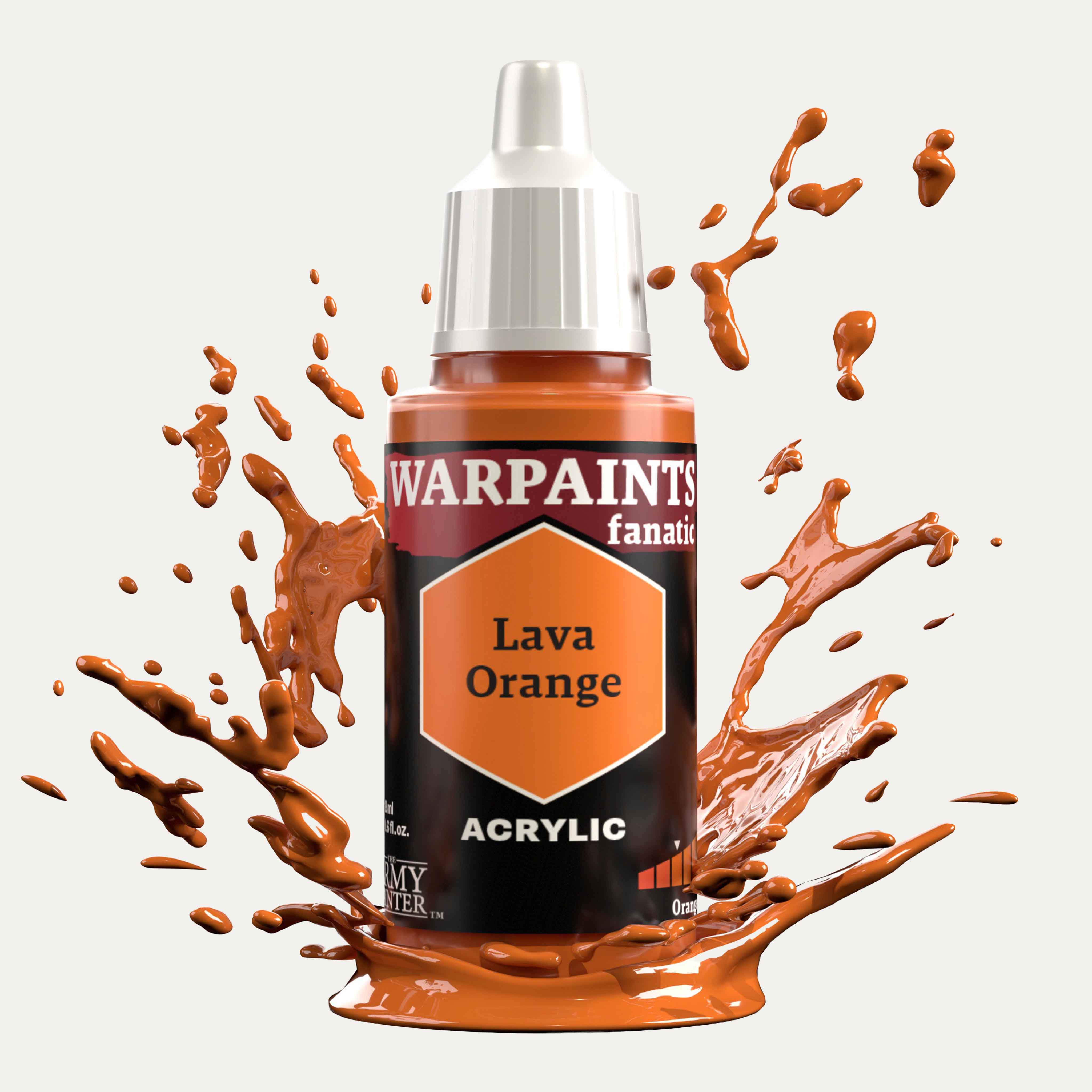 Bottle of the Army Painter Fanatics in the colour Lava Orange on a white background. There are splatters of paint emerging from the bottom of the paint bottle. 