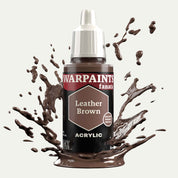 Bottle of the Army Painter Fanatics in the colour Leather Brown on a white background. There are splatters of paint emerging from the bottom of the paint bottle. 