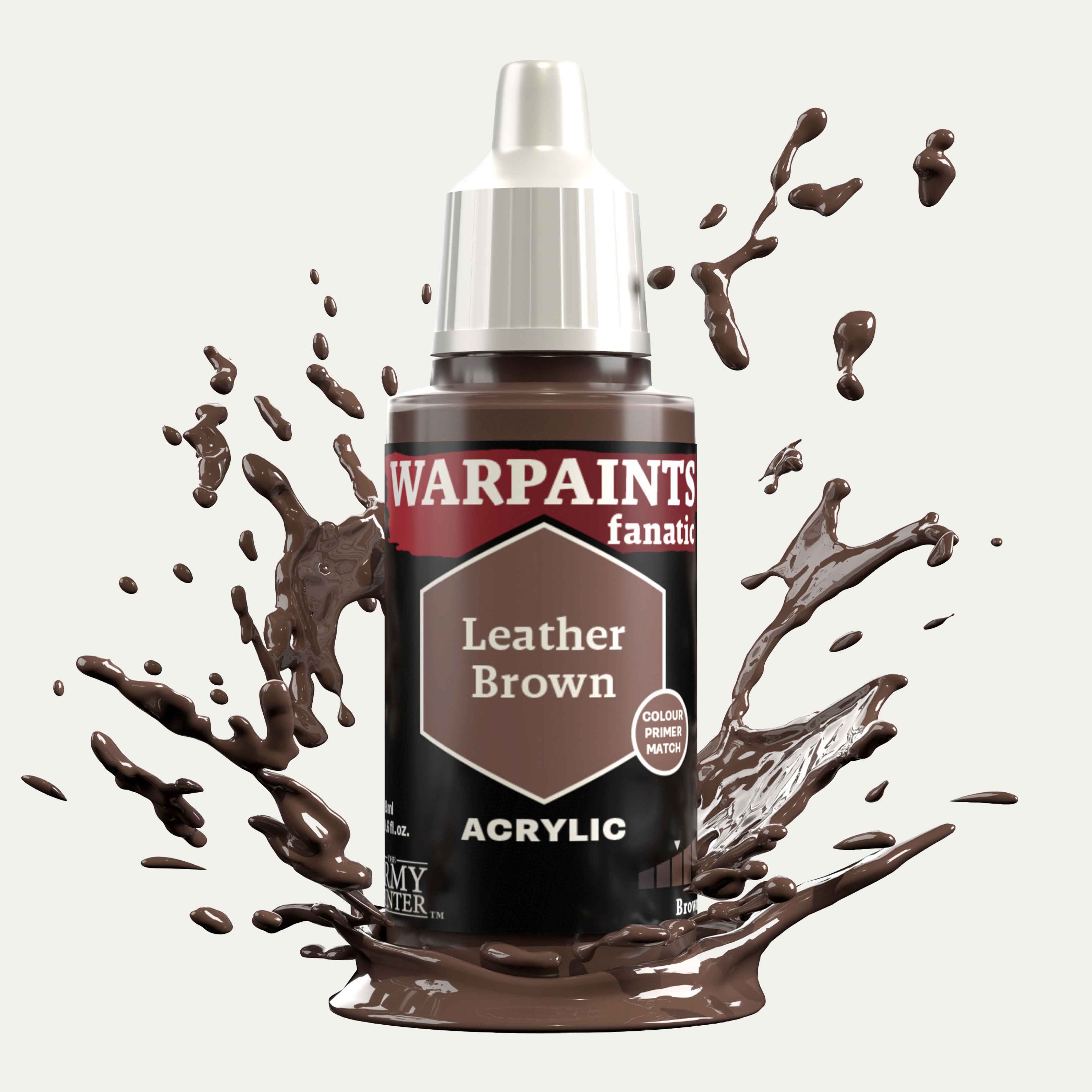 Bottle of the Army Painter Fanatics in the colour Leather Brown on a white background. There are splatters of paint emerging from the bottom of the paint bottle. 