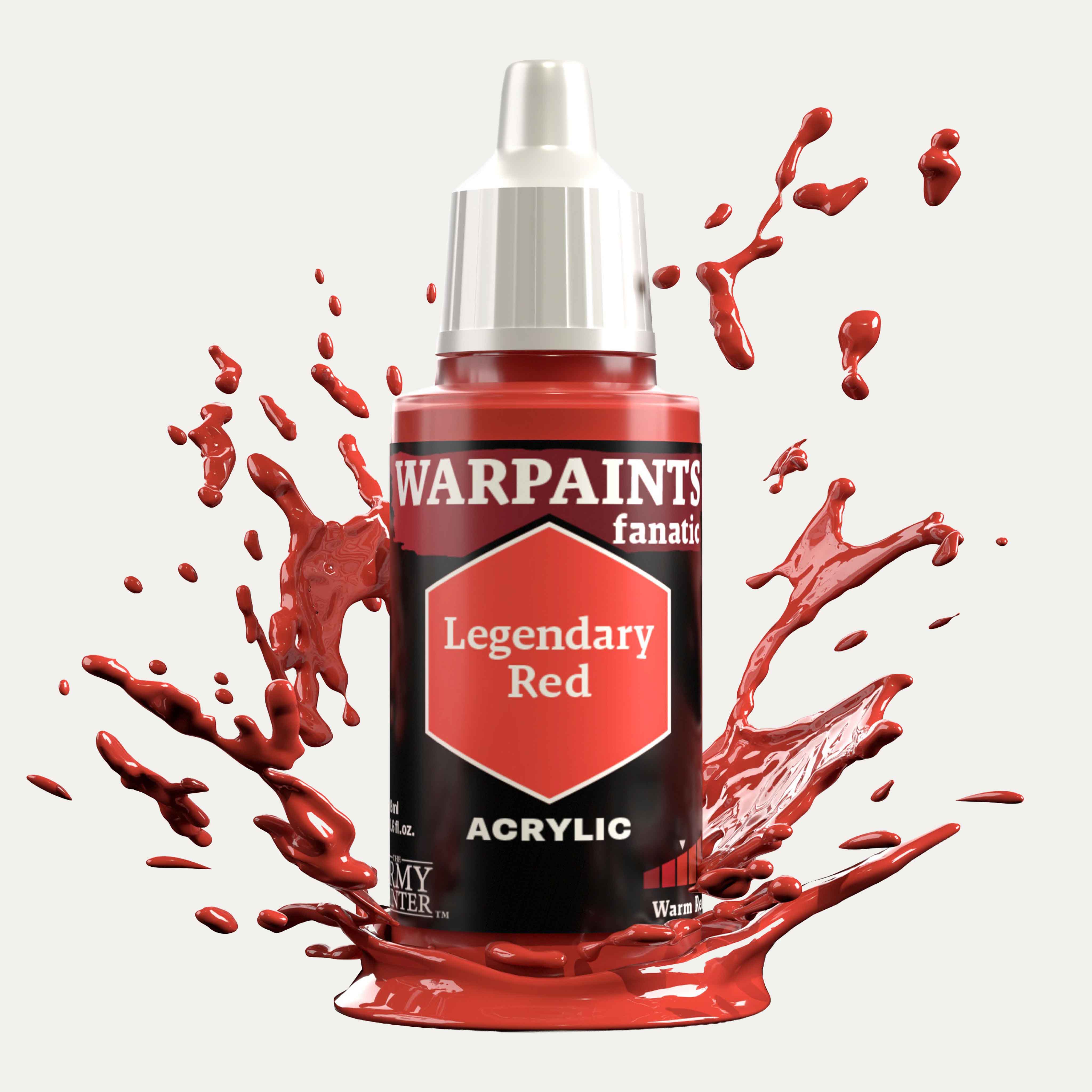 Bottle of the Army Painter Fanatics in the colour Legendary Red on a white background. There are splatters of paint emerging from the bottom of the paint bottle. 