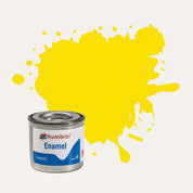 Humbrol Enamel paint tin, with a splatter of Lemon Matt colour behind it, on a white background.