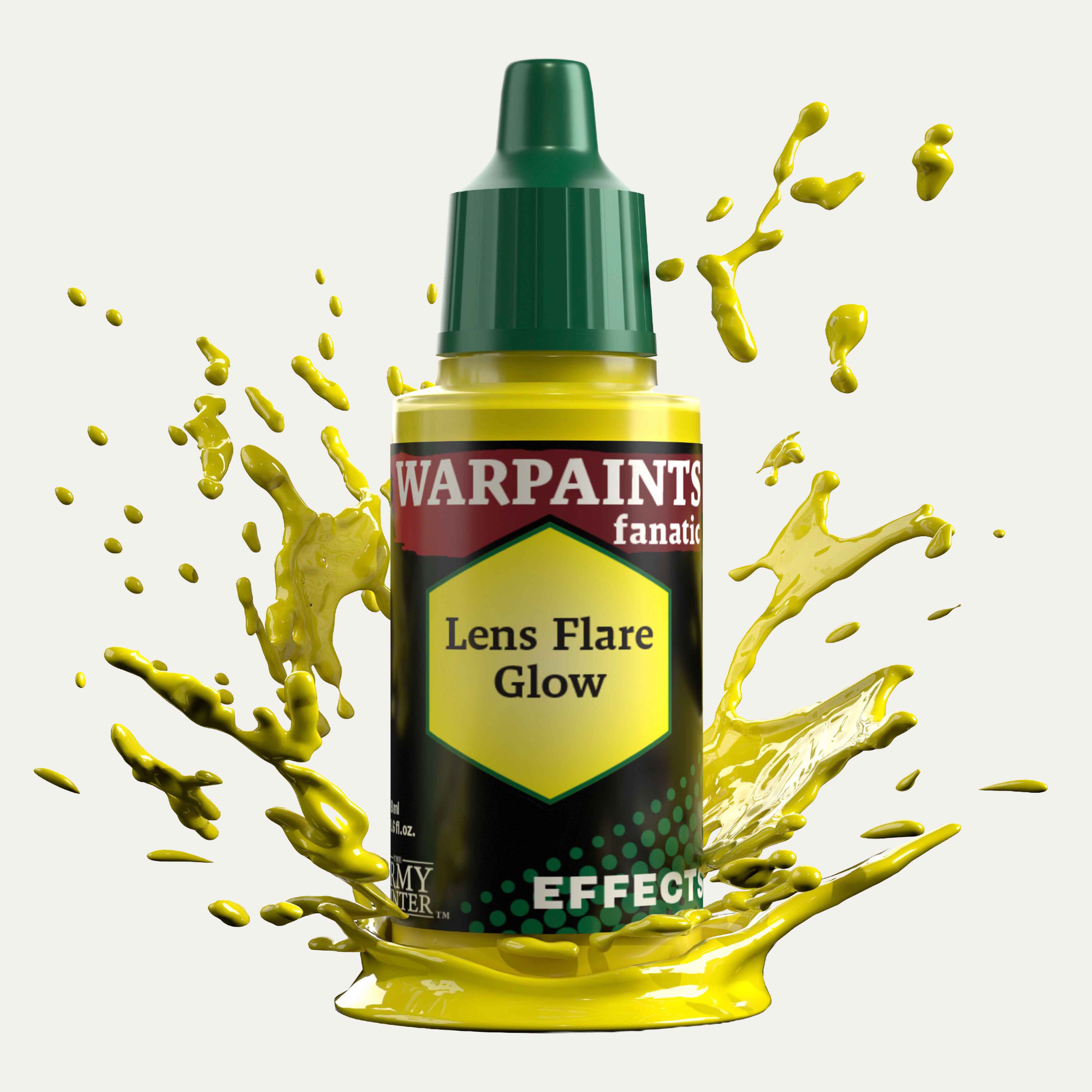 Bottle of the Army Painter Fanatics Effects in the colour Lens Flare Glow on a white background. There are splatters of paint emerging from the bottom of the paint bottle. 
