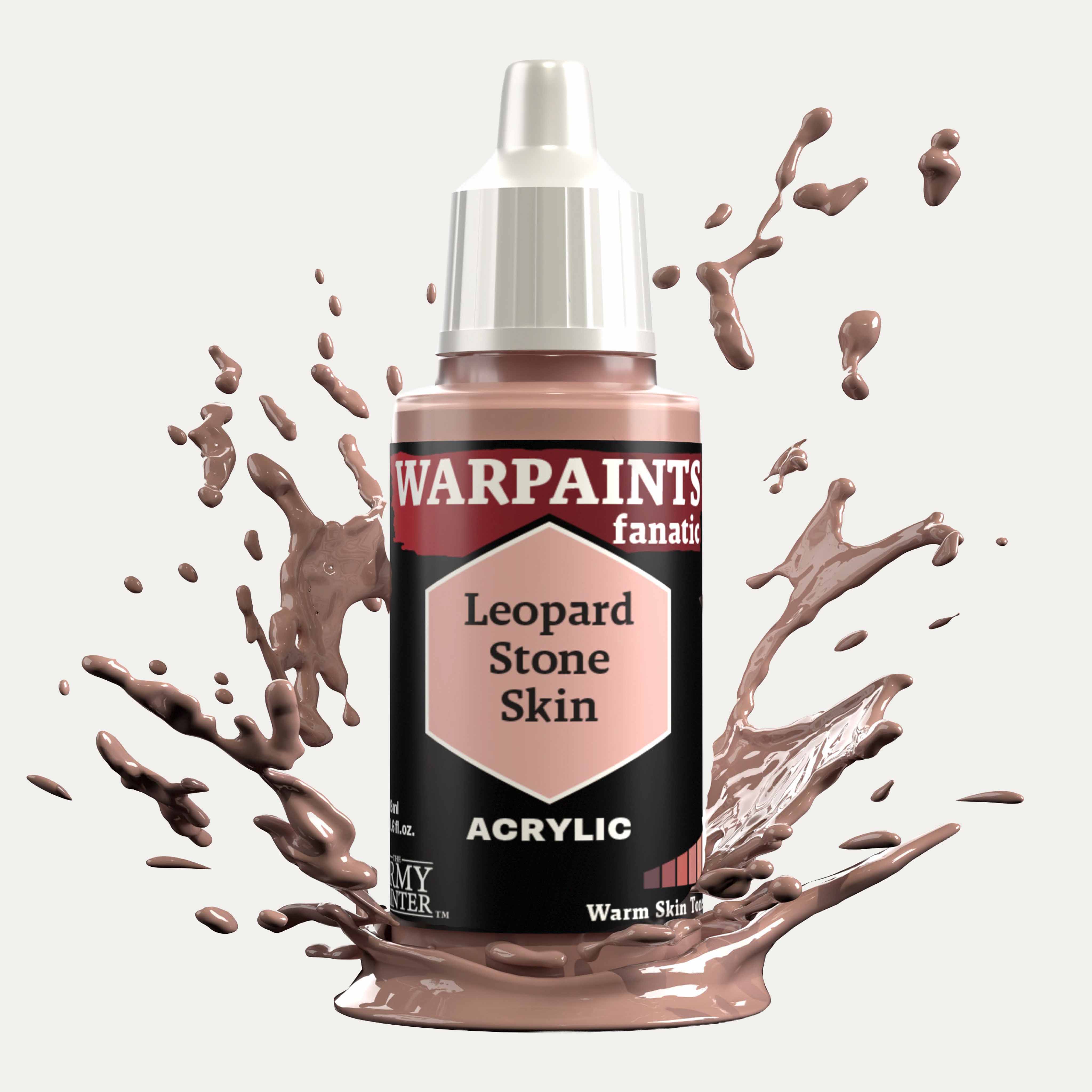 Bottle of the Army Painter Fanatics in the colour Leopard Stone Skin on a white background. There are splatters of paint emerging from the bottom of the paint bottle. 