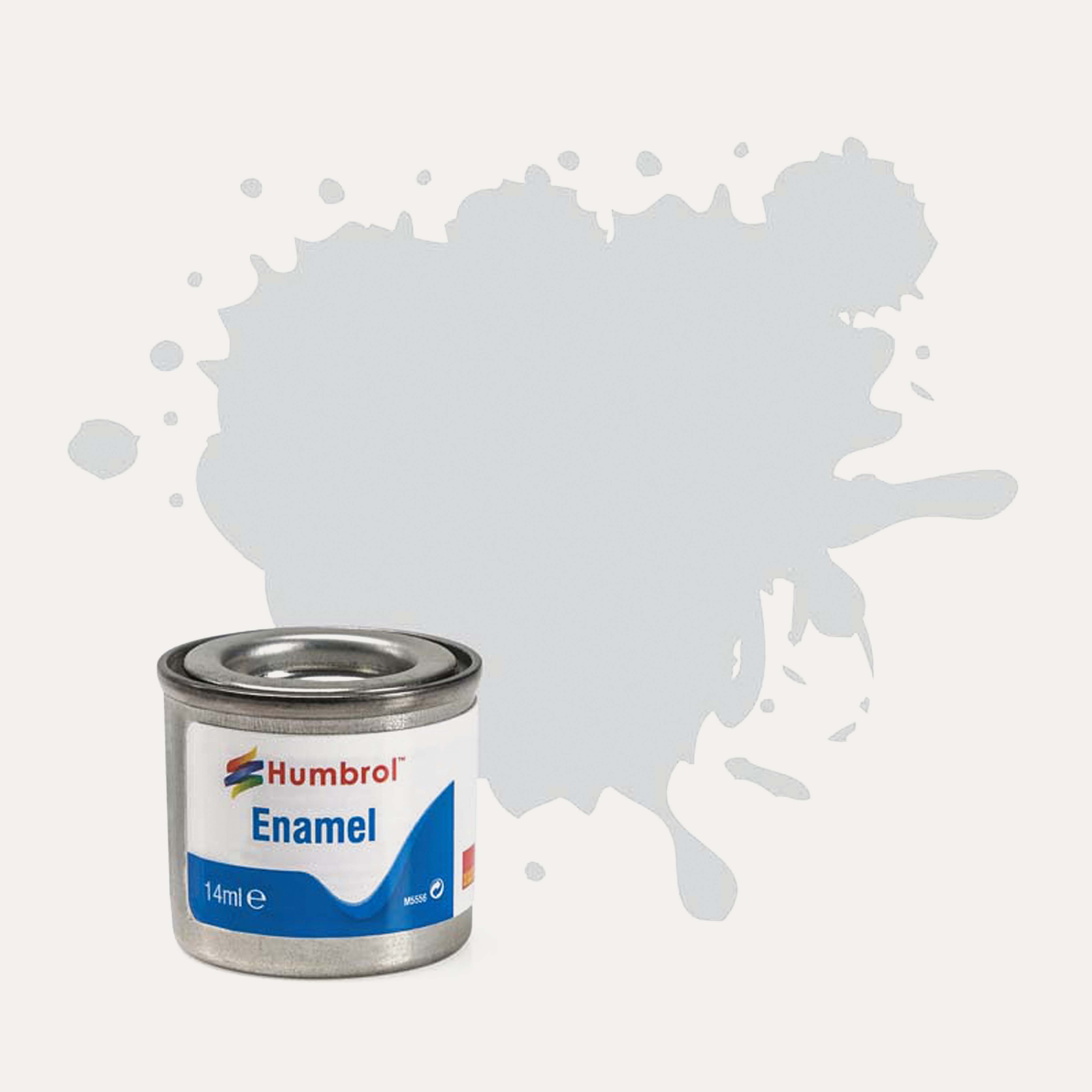 Humbrol Enamel paint tin, with a splatter of Light Grey Matt colour behind it, on a white background.