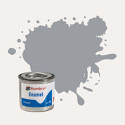 Humbrol Enamel paint tin, with a splatter of Light Grey Matt colour behind it, on a white background.