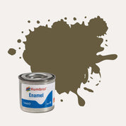 Humbrol Enamel paint tin, with a splatter of Light Olive Matt colour behind it, on a white background.