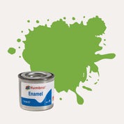 Humbrol Enamel paint tin, with a splatter of Lime Gloss colour behind it, on a white background.