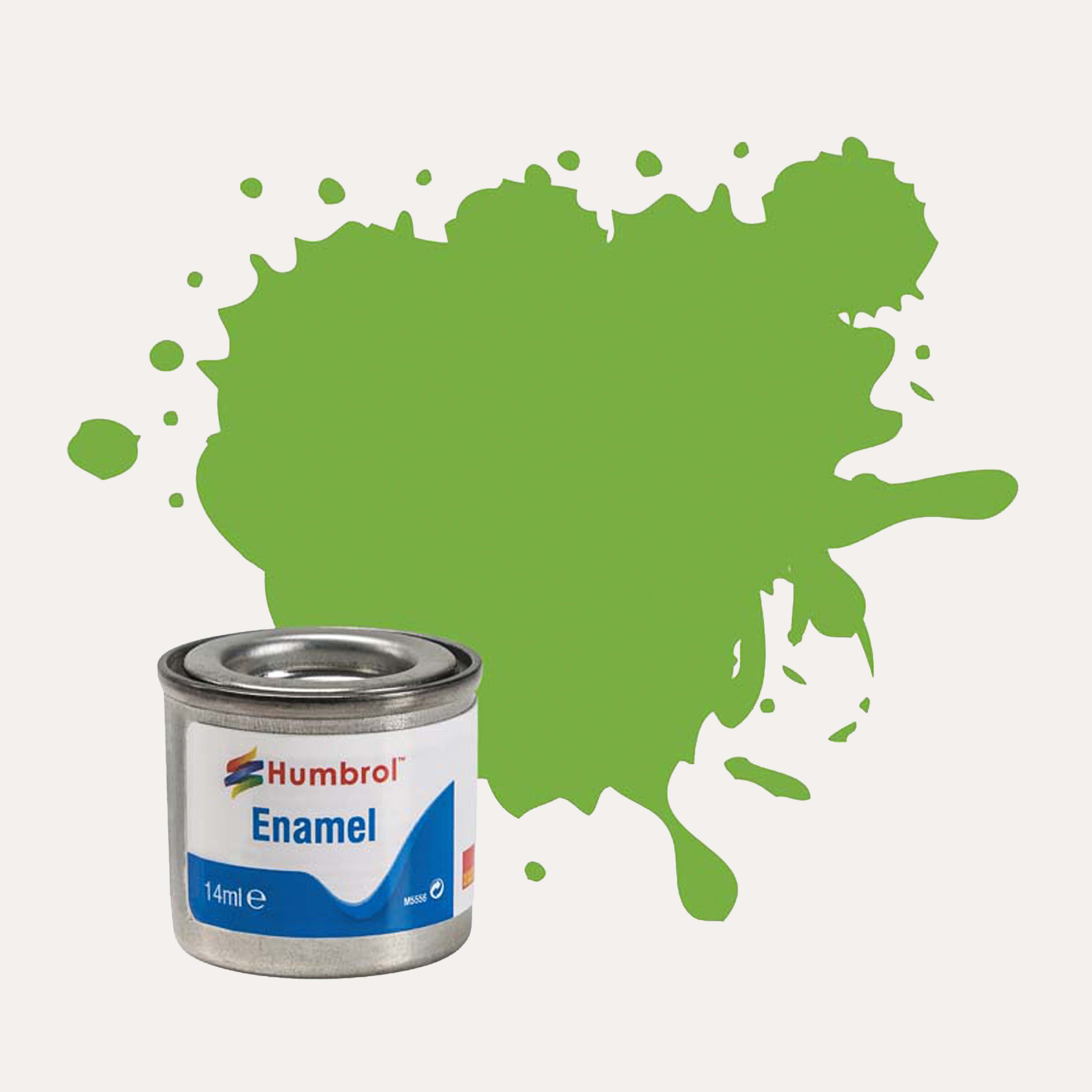 Humbrol Enamel paint tin, with a splatter of Lime Gloss colour behind it, on a white background.