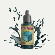 Bottle of the Army Painters Speedpaint in the colour Lizardfolk Cyan on a white background. There are splatters of Lizardfolk Cyan paint emerging from the bottom of the paint bottle. 