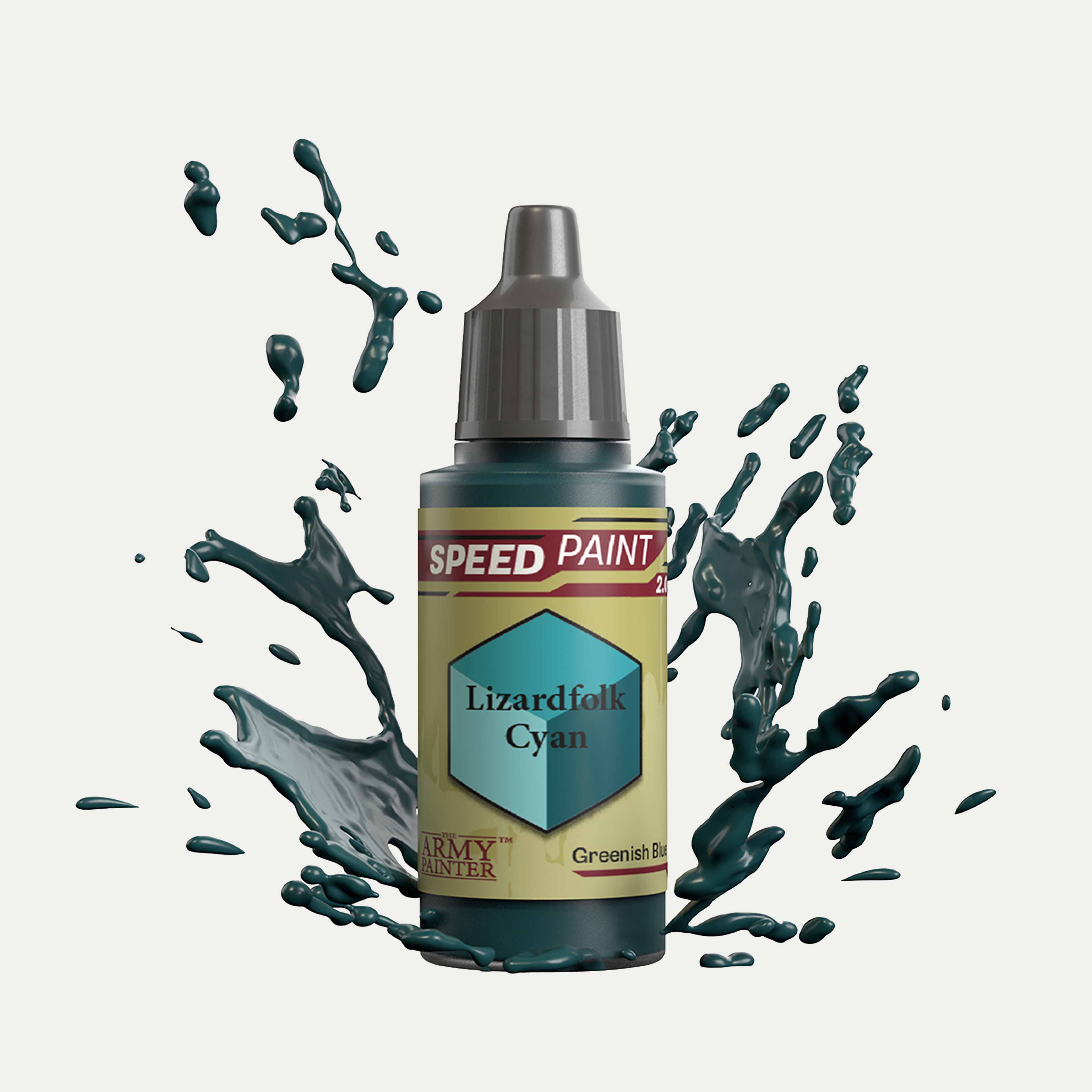Bottle of the Army Painters Speedpaint in the colour Lizardfolk Cyan on a white background. There are splatters of Lizardfolk Cyan paint emerging from the bottom of the paint bottle. 