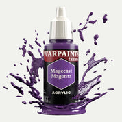 Bottle of the Army Painter Fanatics in the colour Magecast Magenta on a white background. There are splatters of paint emerging from the bottom of the paint bottle. 