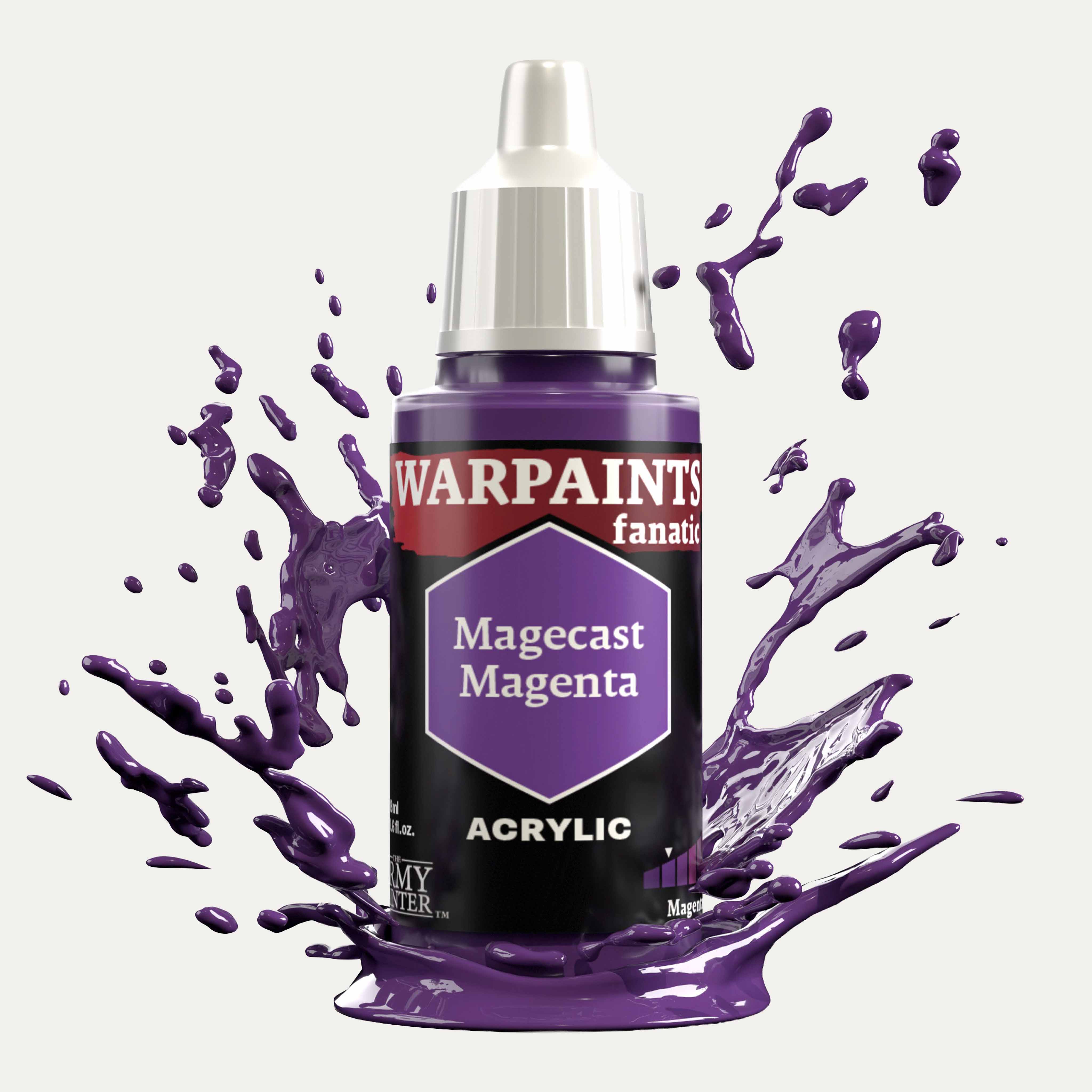 Bottle of the Army Painter Fanatics in the colour Magecast Magenta on a white background. There are splatters of paint emerging from the bottom of the paint bottle. 