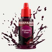 Bottle of the Army Painter Fanatics Wash in the colour Magenta Tone on a white background. There are splatters of paint emerging from the bottom of the paint bottle. 