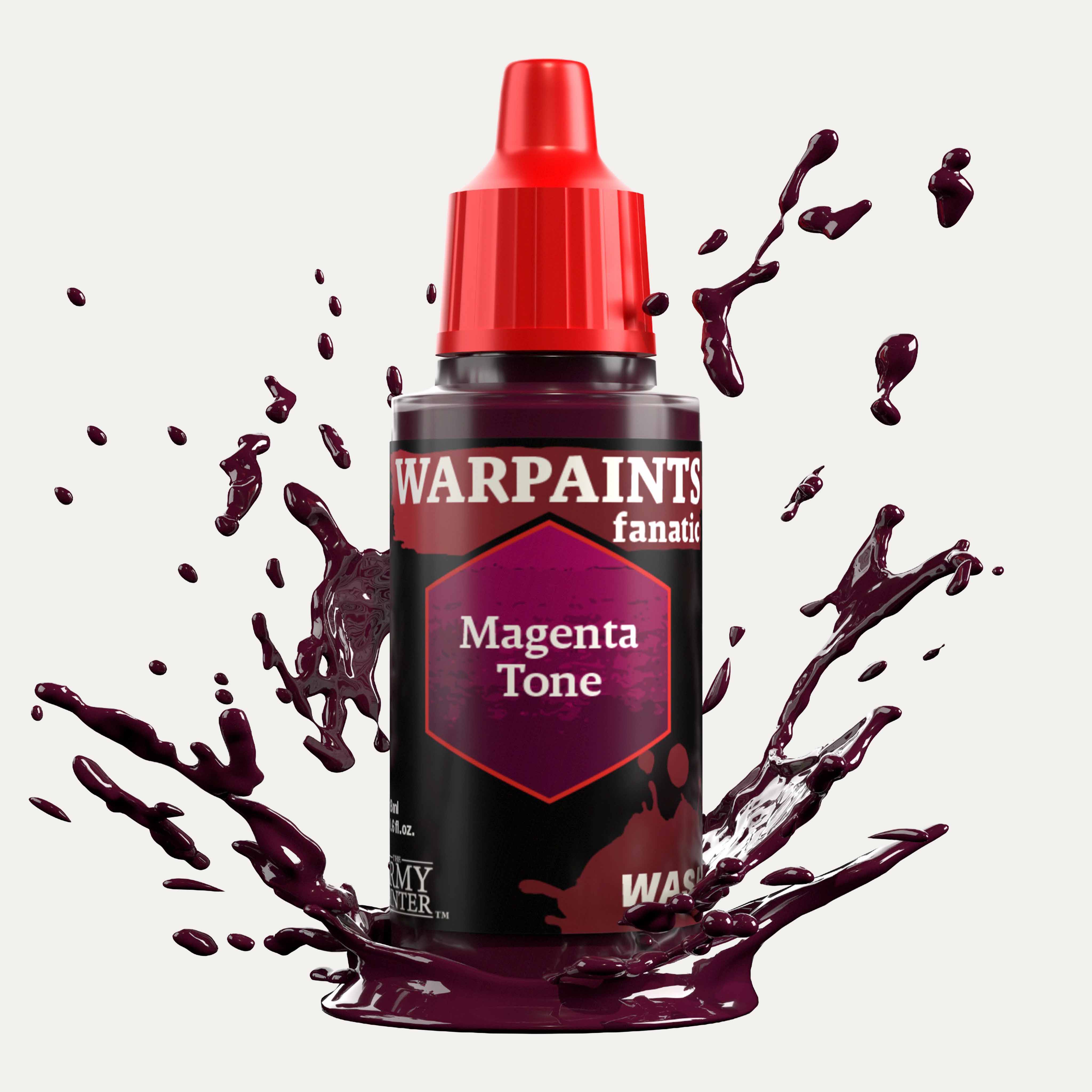 Bottle of the Army Painter Fanatics Wash in the colour Magenta Tone on a white background. There are splatters of paint emerging from the bottom of the paint bottle. 