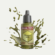 Bottle of the Army Painters Speedpaint in the colour Maggot Skin on a white background. There are splatters of Maggot Skin paint emerging from the bottom of the paint bottle. 