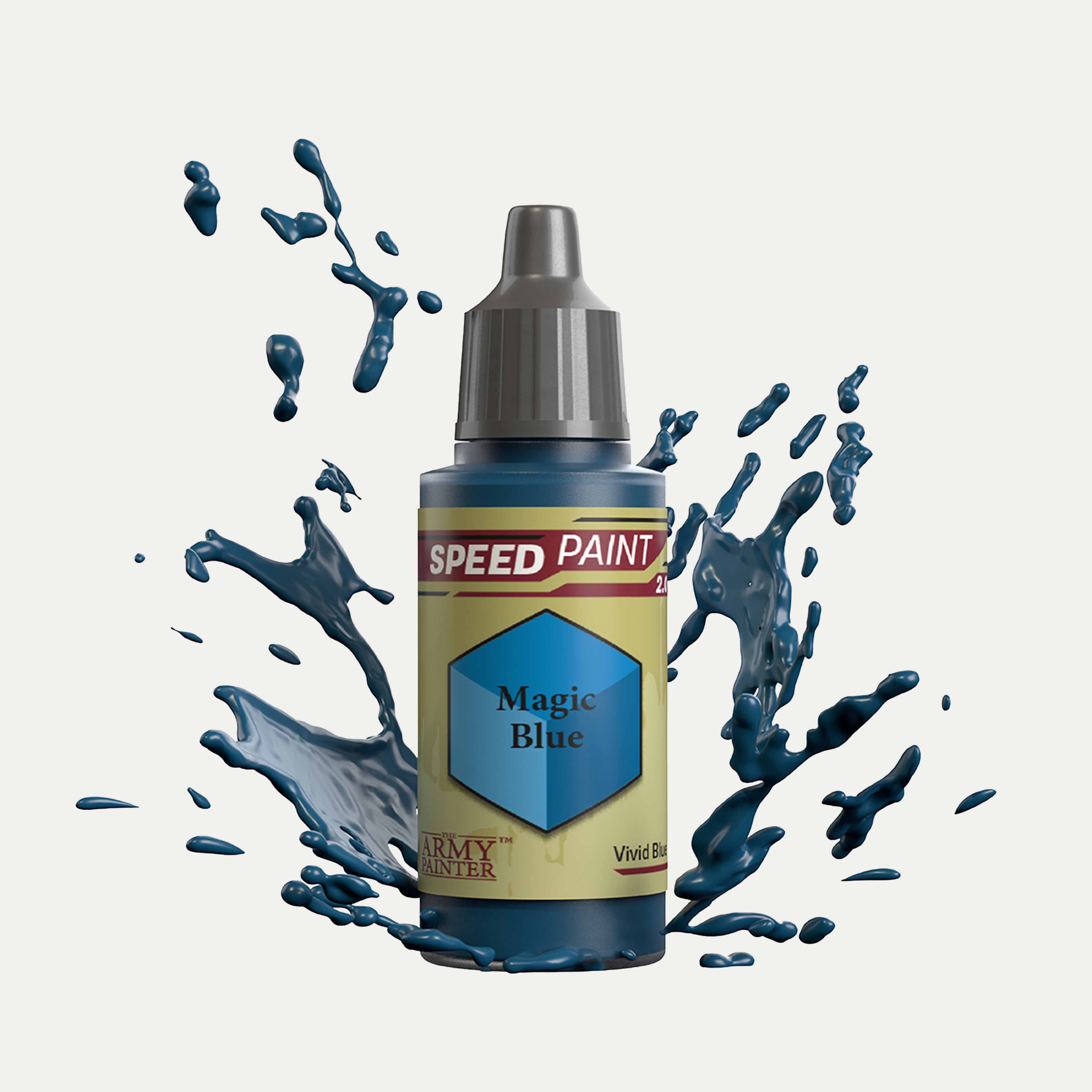 Bottle of the Army Painter Speedpaint in the colour Magic Blue on a white background. There are splatters of Magic Blue paint emerging from the bottom of the paint bottle.