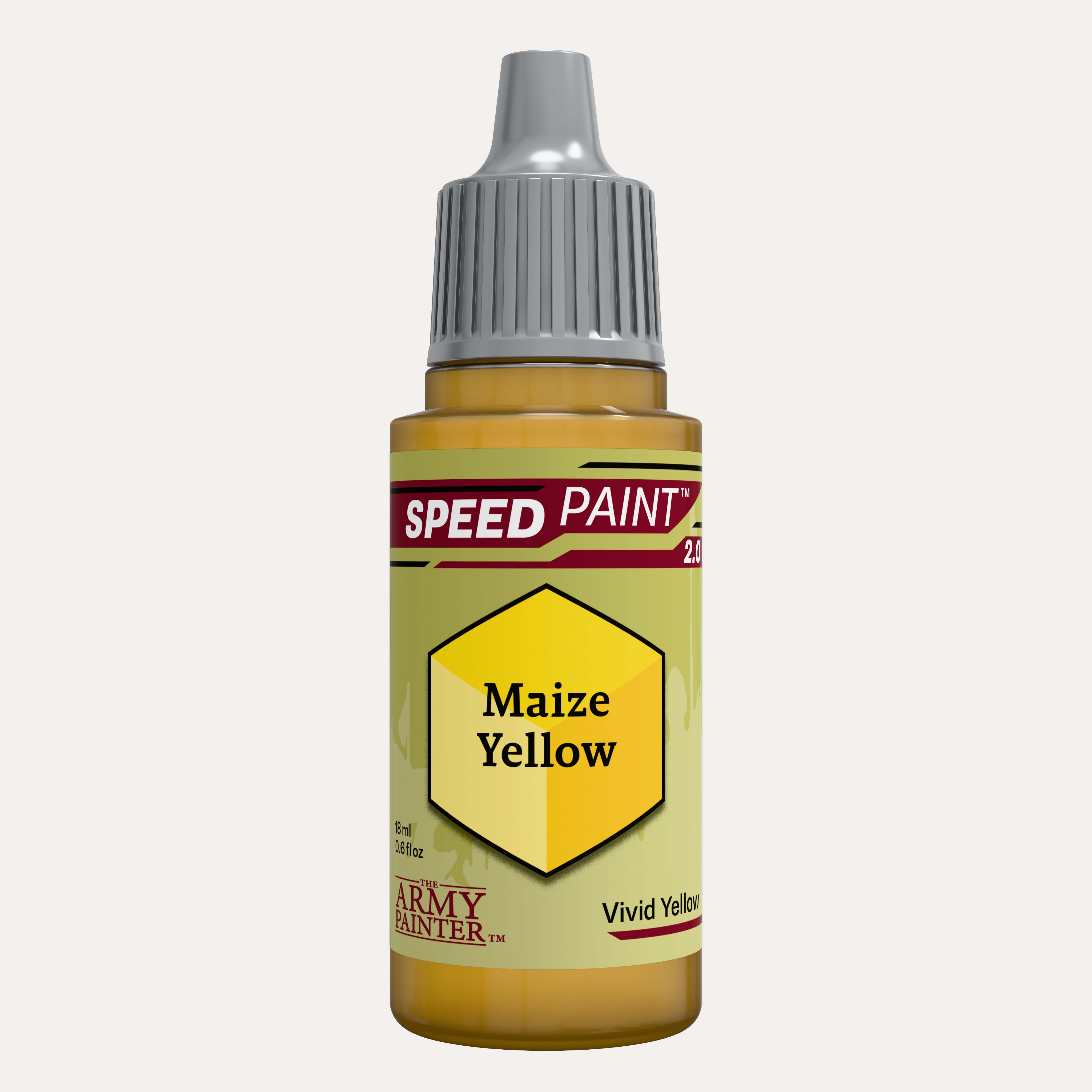 Bottle of the Army Painter Speedpaint in the colour Maize Yellow on a white background. 