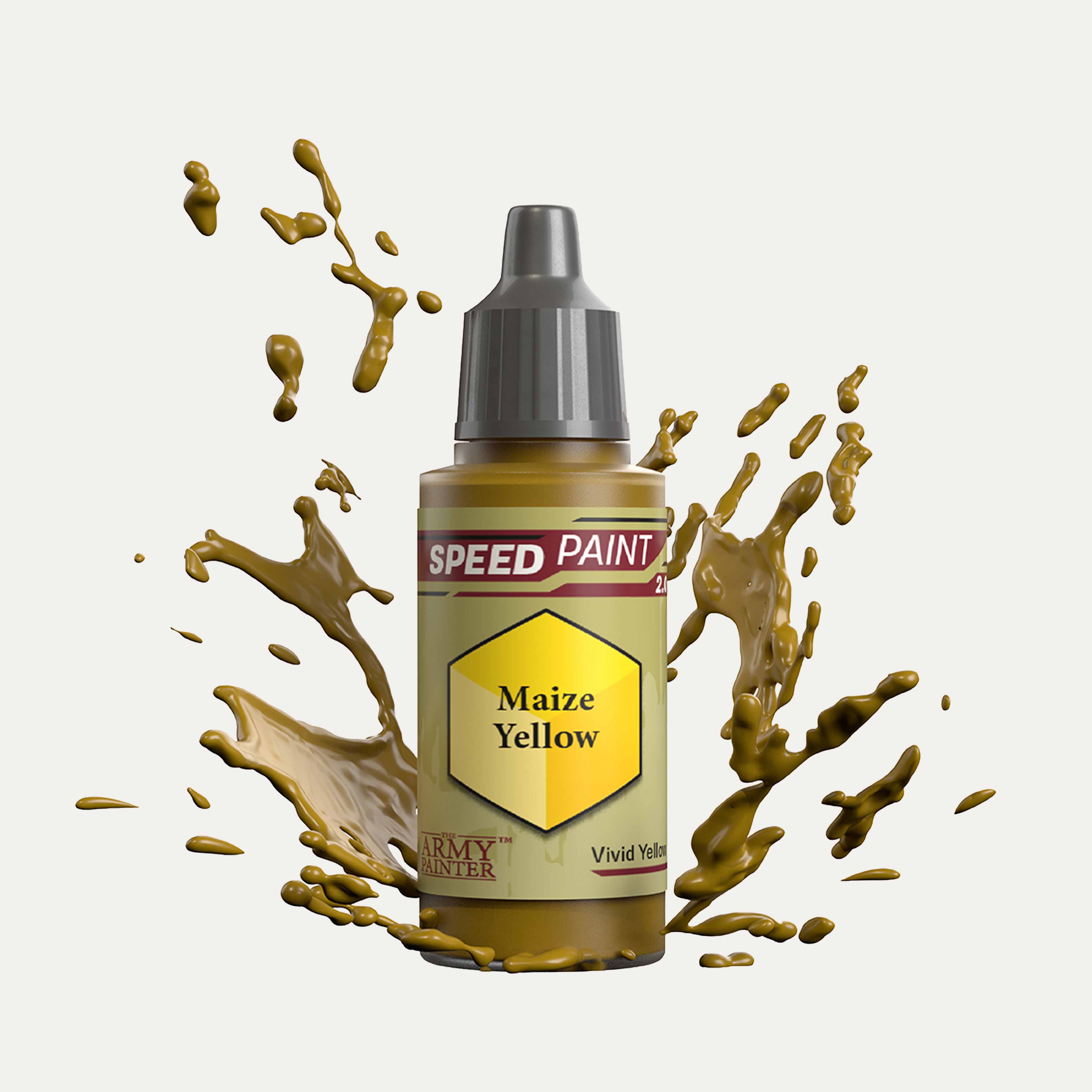 Bottle of the Army Painter Speedpaint in the colour Maize Yellow on a white background. There are splatters of Maize Yellow paint emerging from the bottom of the paint bottle. 