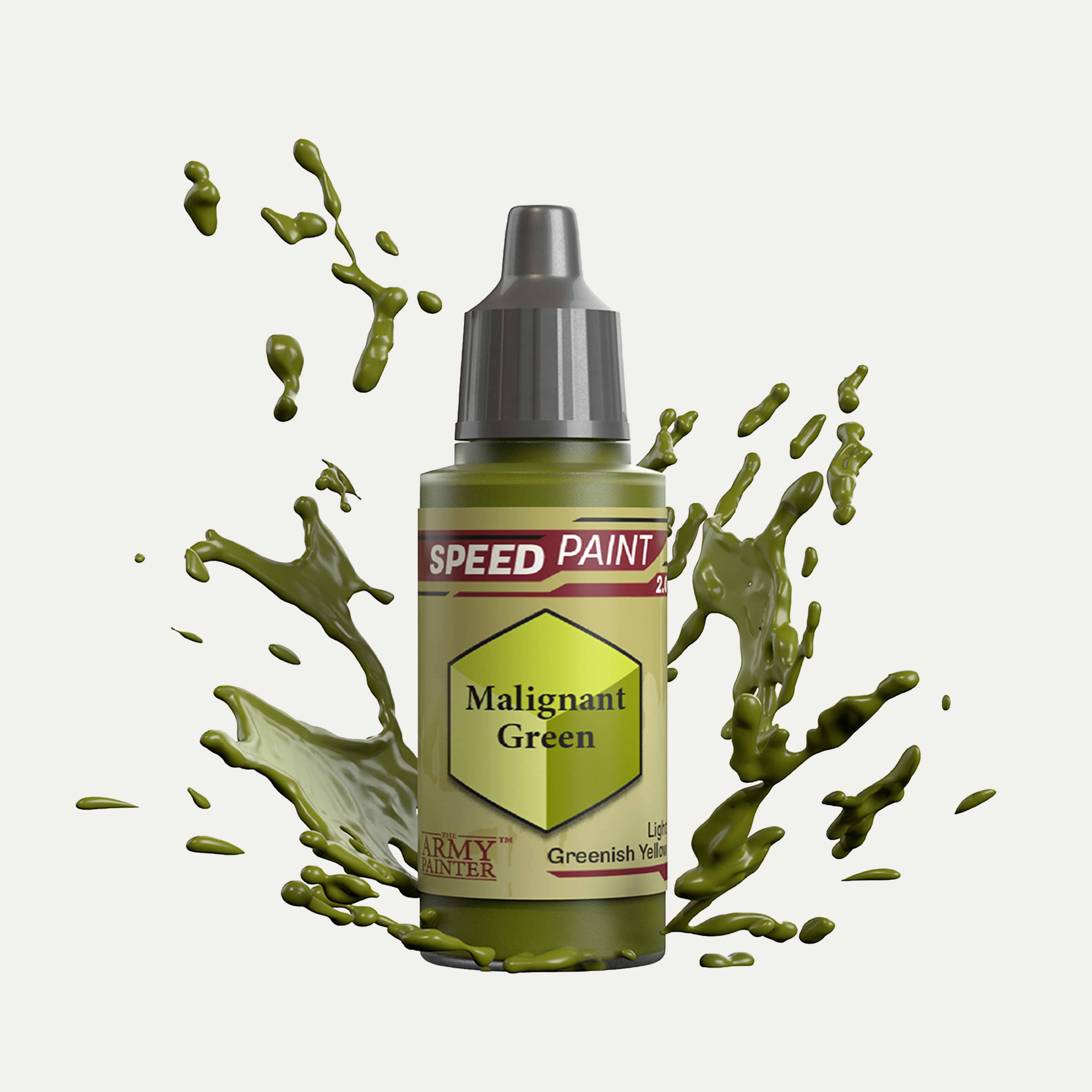 Bottle of the Army Painter Speedpaint in the colour Malignant Green on a white background. There are splatters of Malignant Green paint emerging from the bottom of the paint bottle.